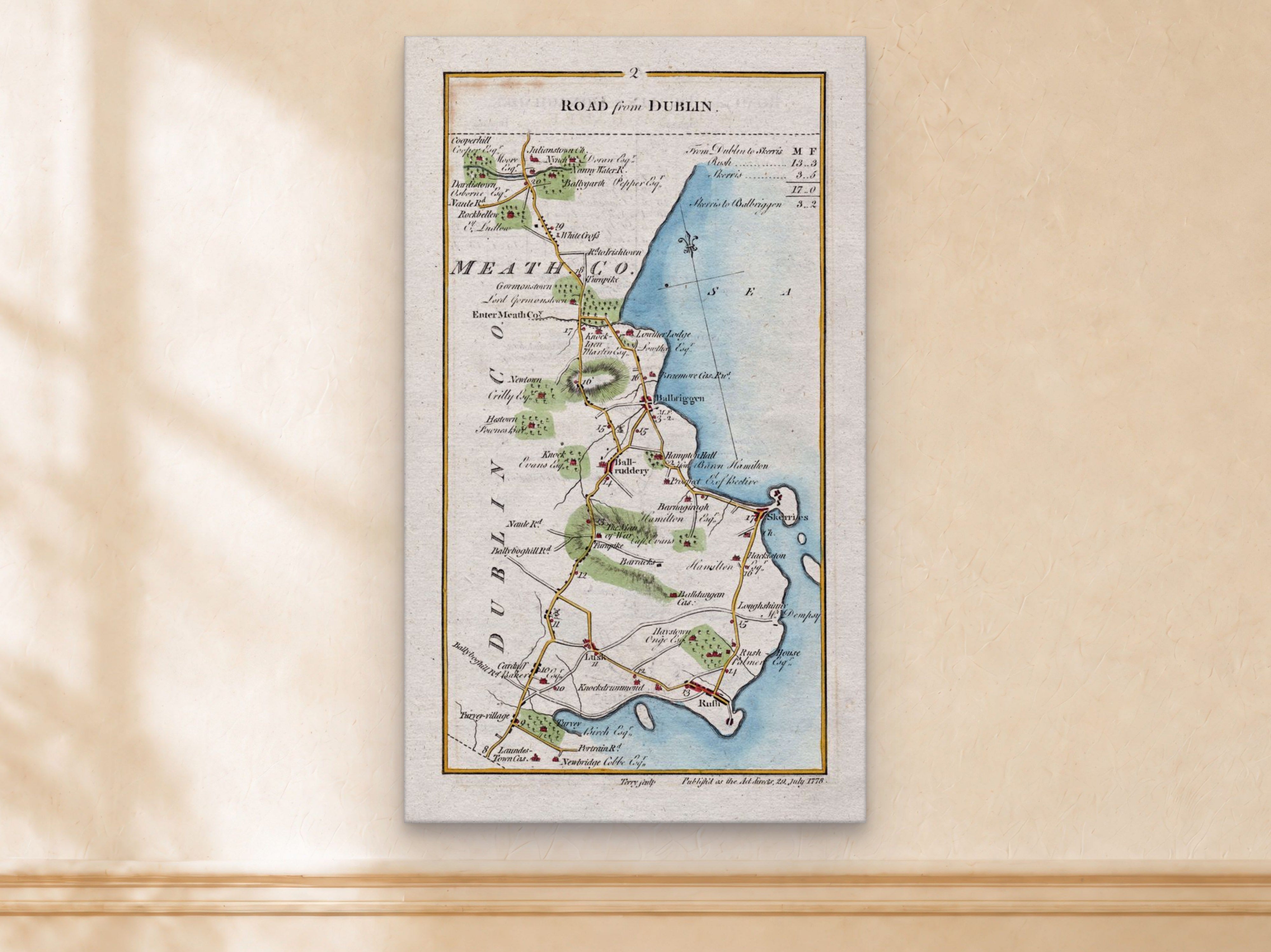 1783 Taylor & Skinner Lusk, Rush, Skerries and Balbriggan Ireland road map displayed on a light cream wall.
