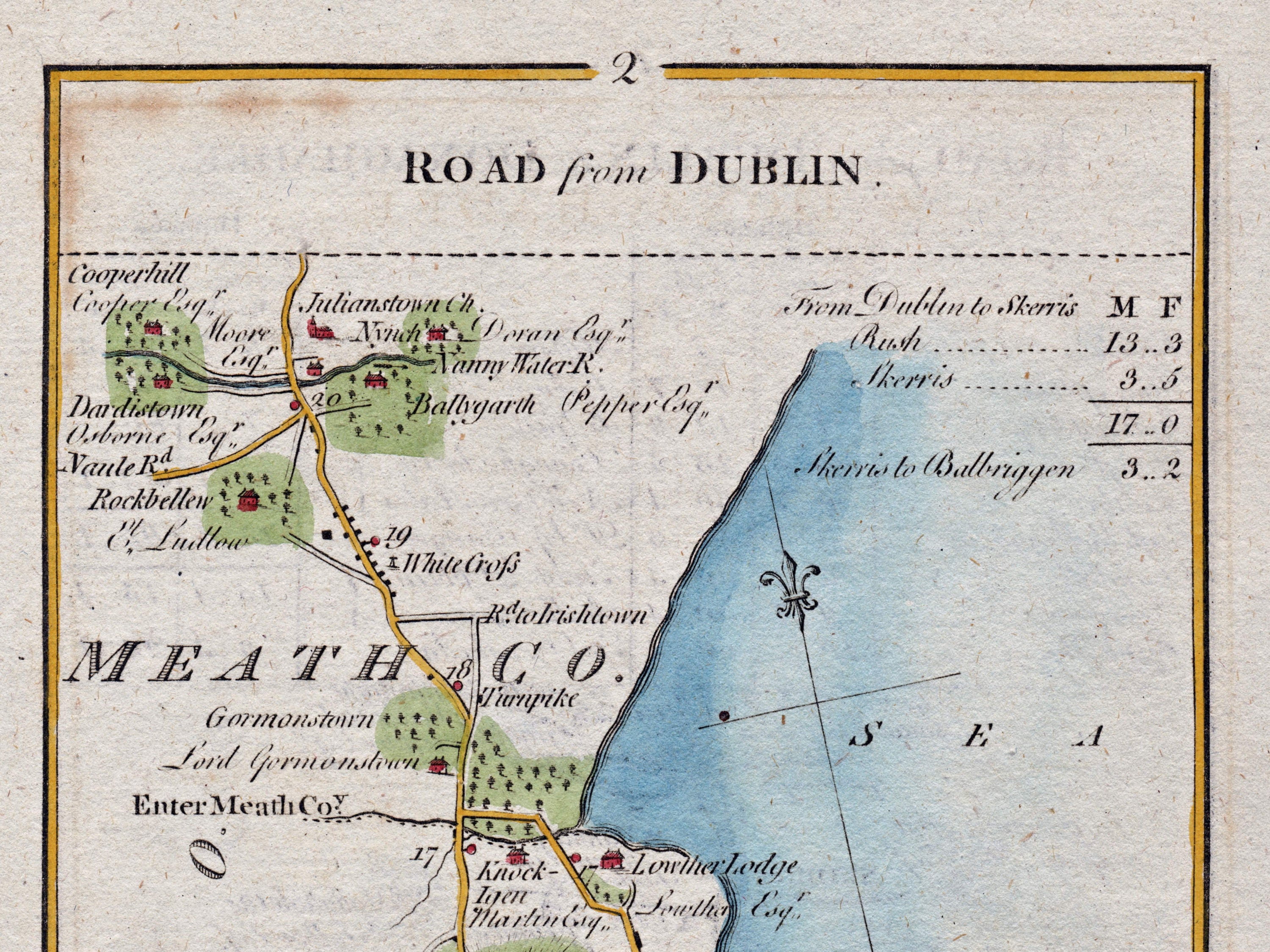 Close-up of the 1783 Taylor & Skinner road map showing Julianstown, Gormanston, the County Meath boundary and coastal road.