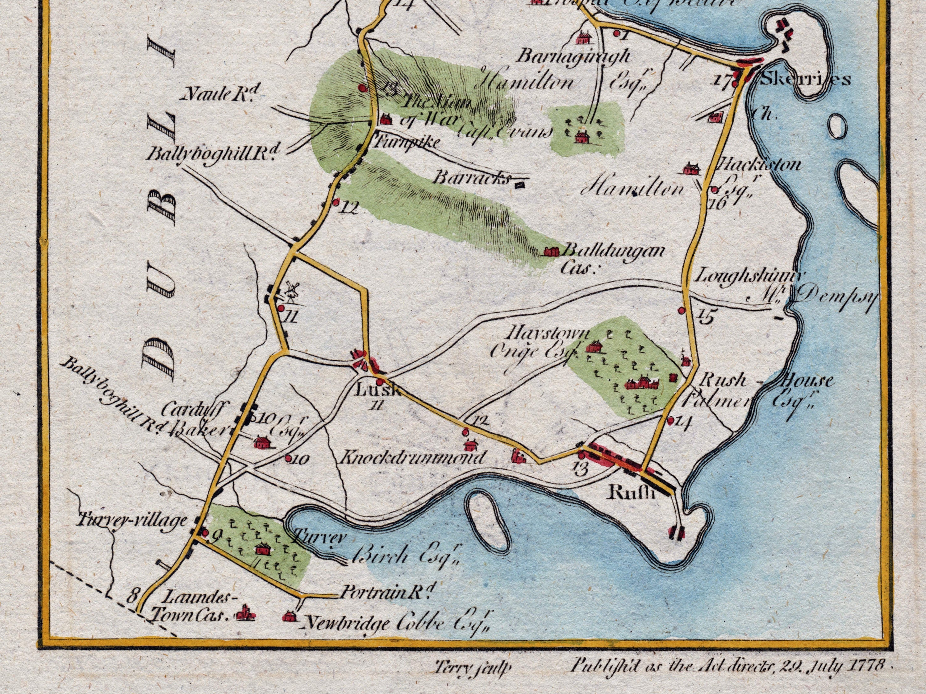 Close-up of Lusk and Rush with surrounding roads, estates and coastal features on the 1783 Taylor & Skinner map.