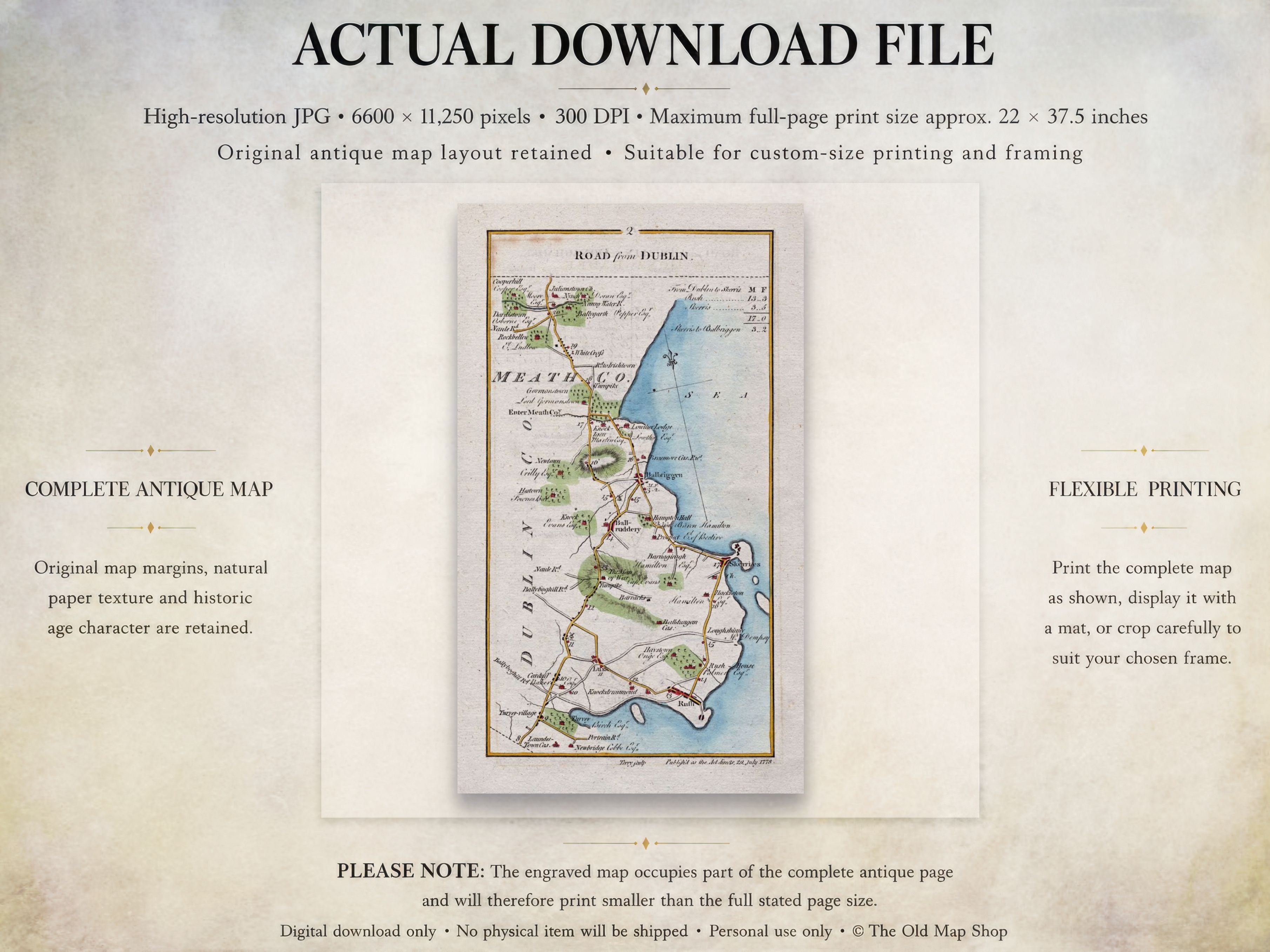 Digital download guide for the 1783 Lusk, Rush, Skerries and Balbriggan road map showing JPG dimensions and printing information.