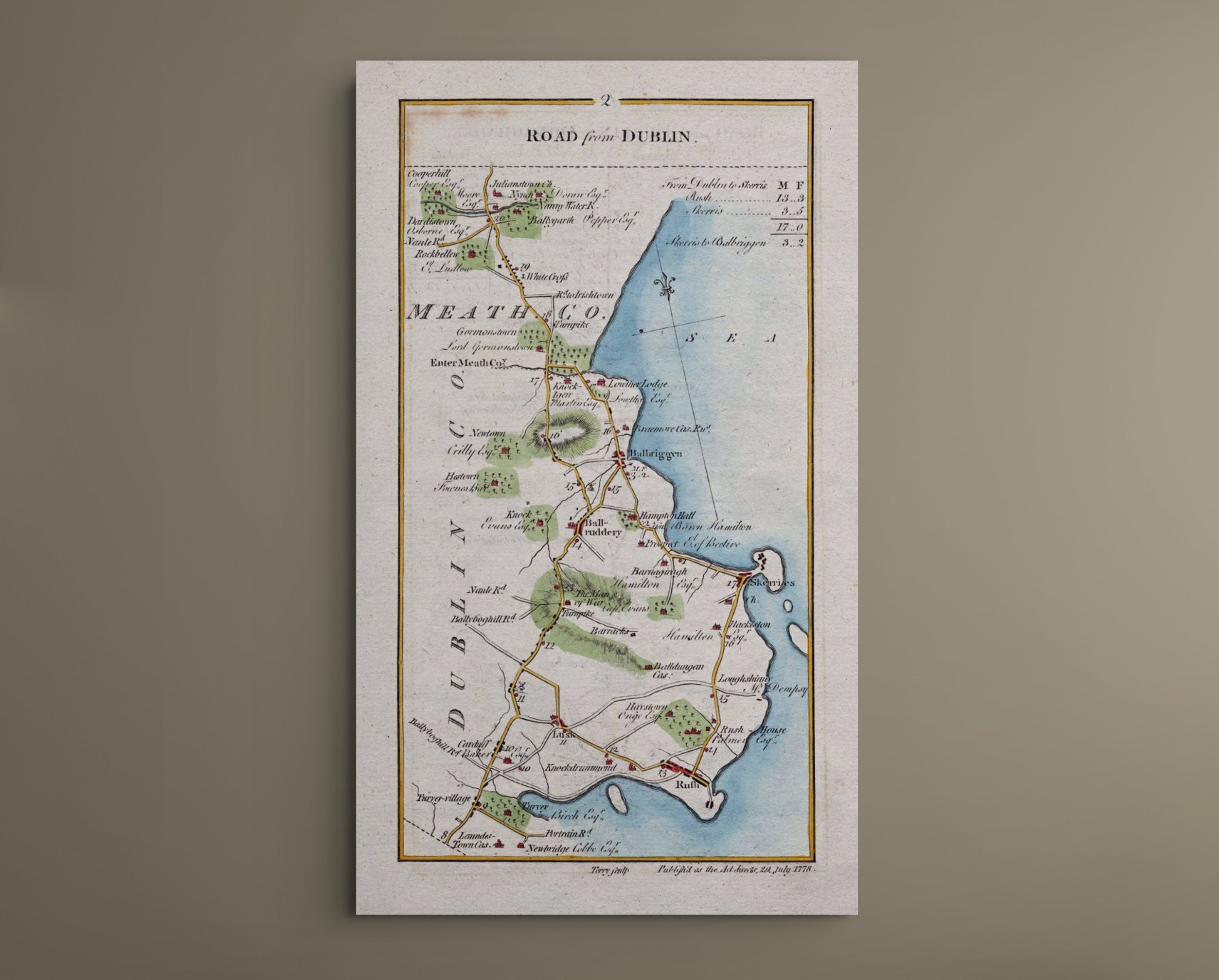 Complete 1783 Taylor & Skinner Lusk to Balbriggan antique road map displayed against a plain neutral wall.