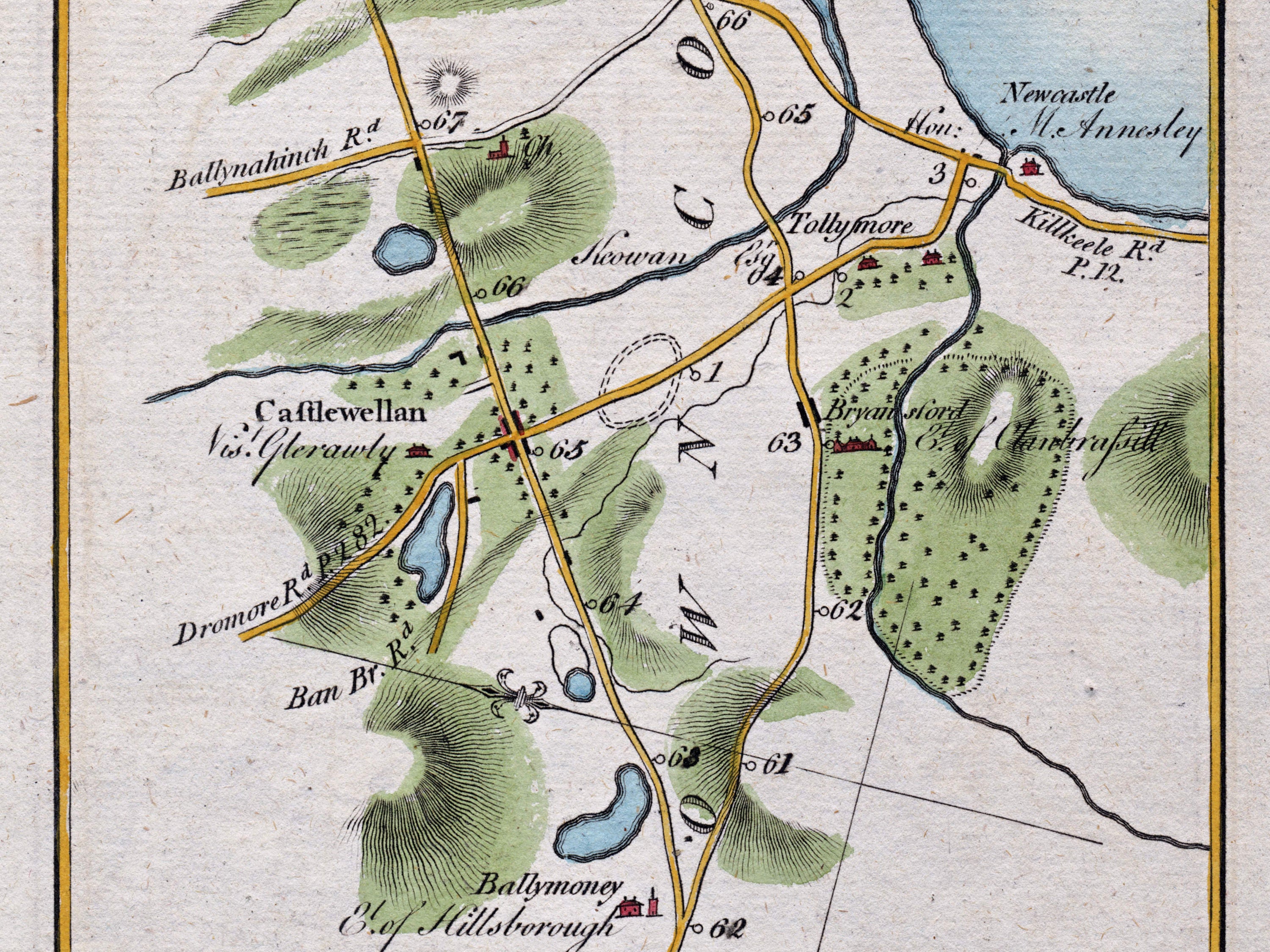 Close-up of the 1783 Taylor & Skinner Ireland road map showing Castlewellan, Newcastle, Bryansford and nearby roads and estates.