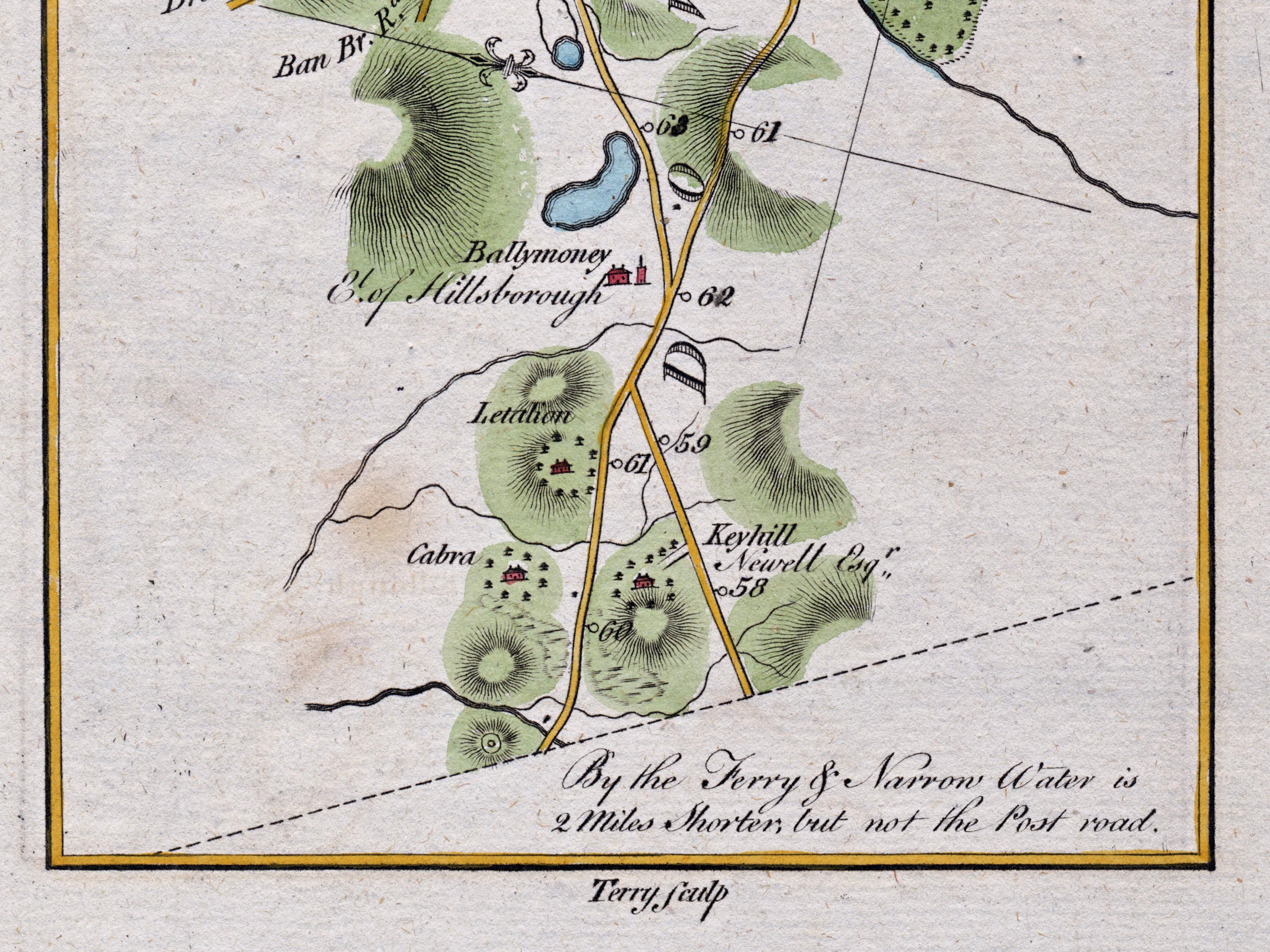 Close-up of the 1783 Taylor & Skinner Ireland road map showing Ballymoney, Cabra and the engraved ferry note near the lower section of the route.