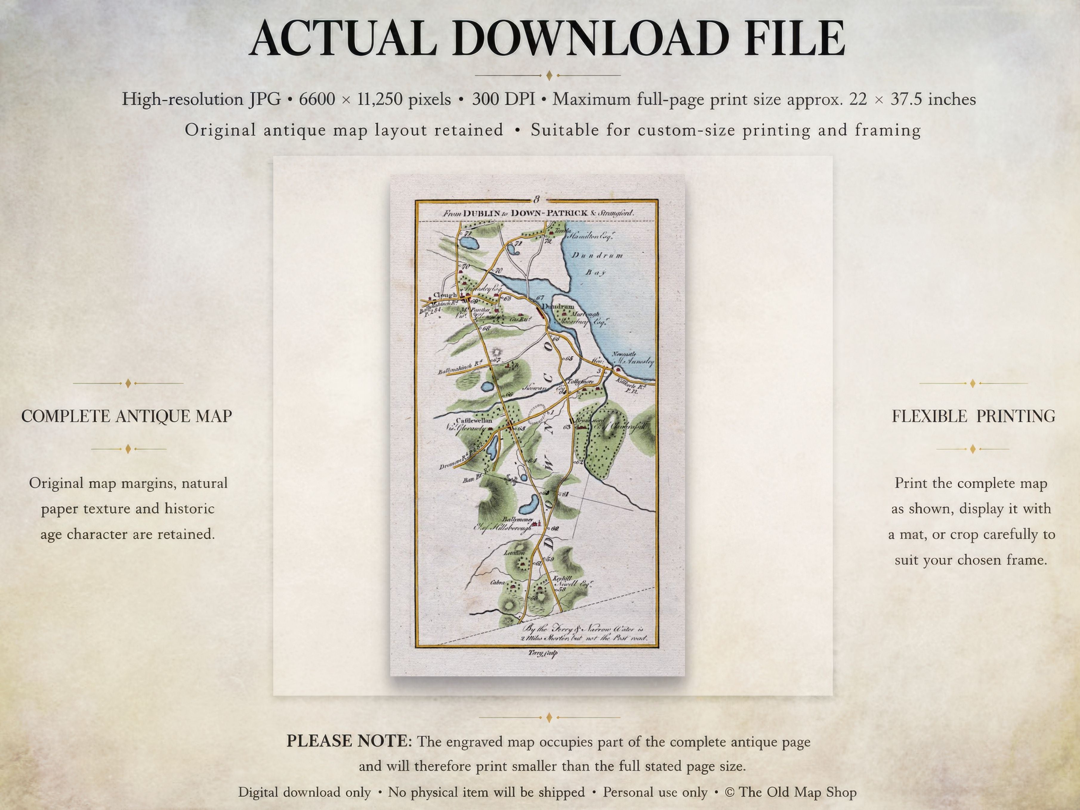 Digital download guide for the 1783 Newcastle, Castlewellan, Dundrum and Clough Ireland road map showing JPG dimensions and printing information.