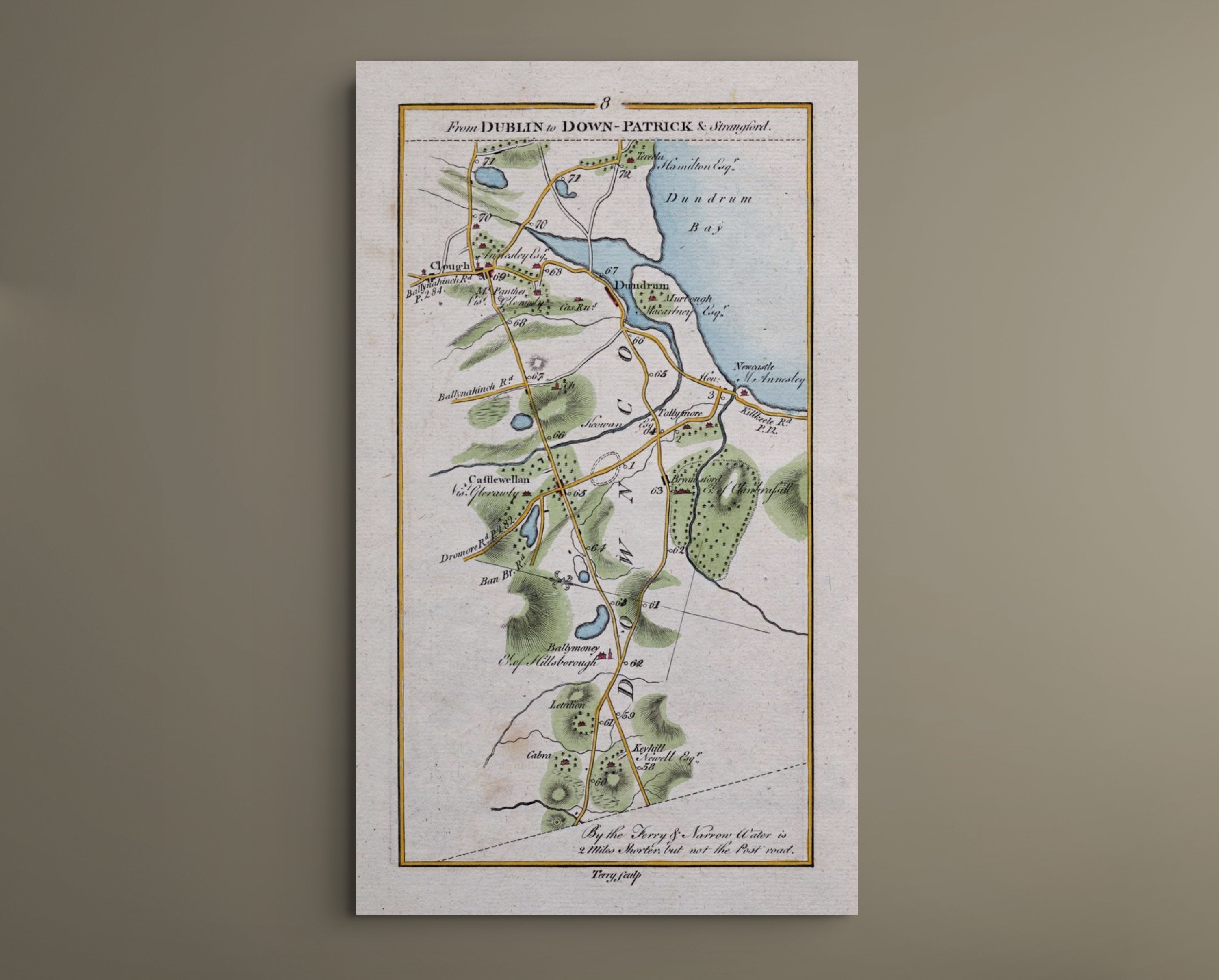Complete 1783 Taylor & Skinner Newcastle, Castlewellan, Dundrum and Clough Ireland road map displayed against a plain neutral wall.