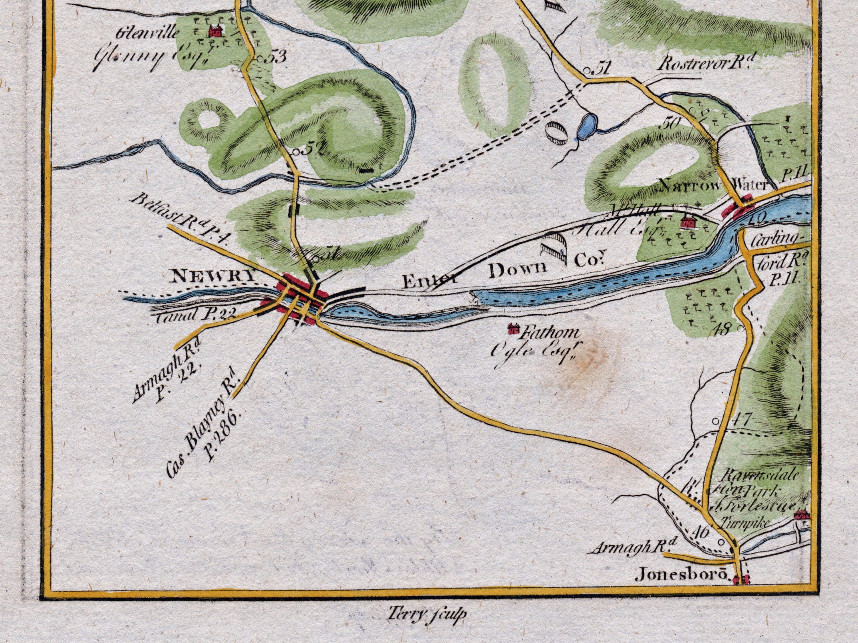 Close-up of the 1783 Taylor & Skinner Ireland road map showing Newry, Narrow Water, Jonesborough and the marked entry into County Down.