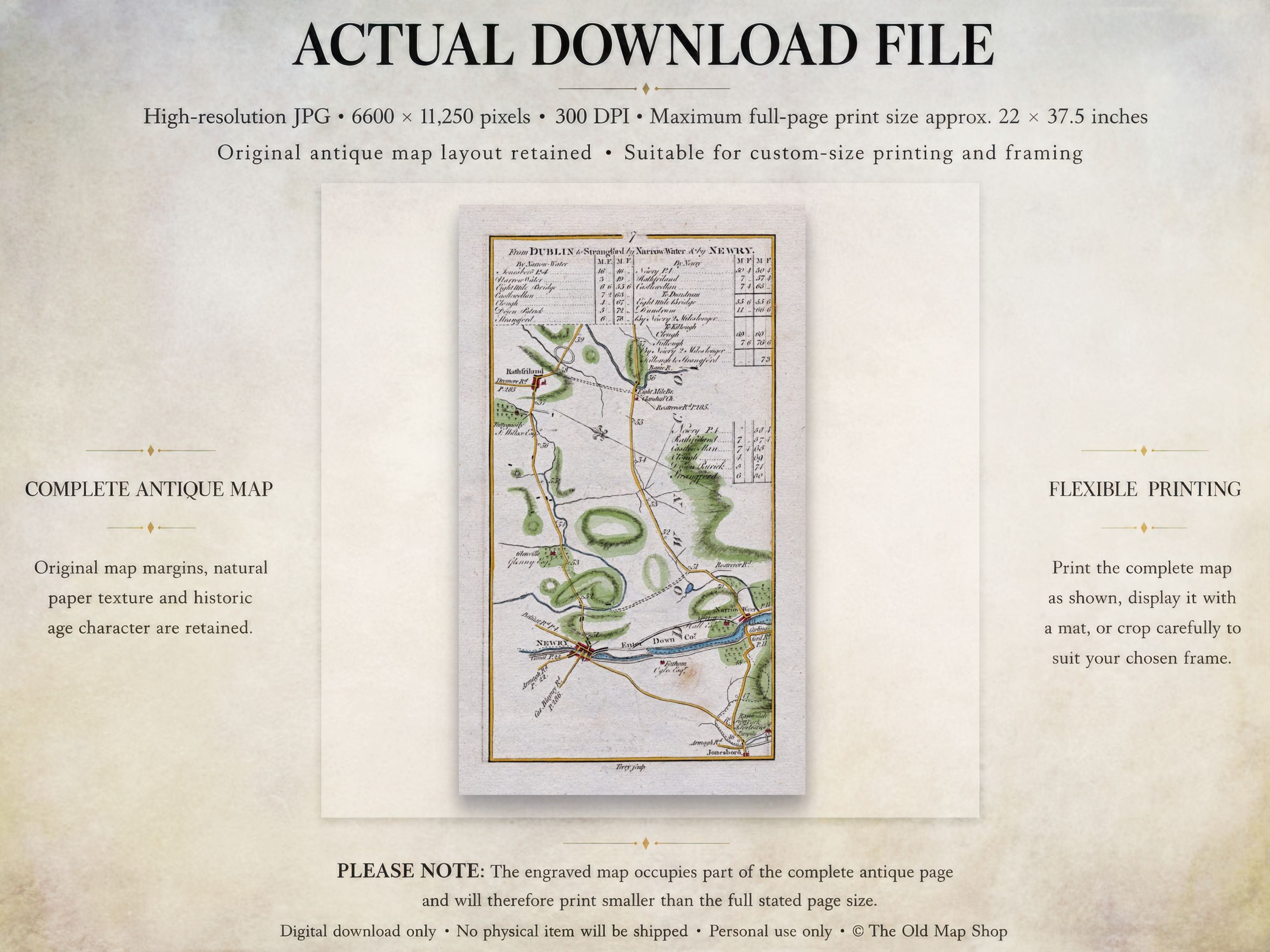 Digital download guide for the 1783 Newry, Rathfriland, Narrow Water and Jonesborough Ireland road map showing JPG dimensions and printing information.