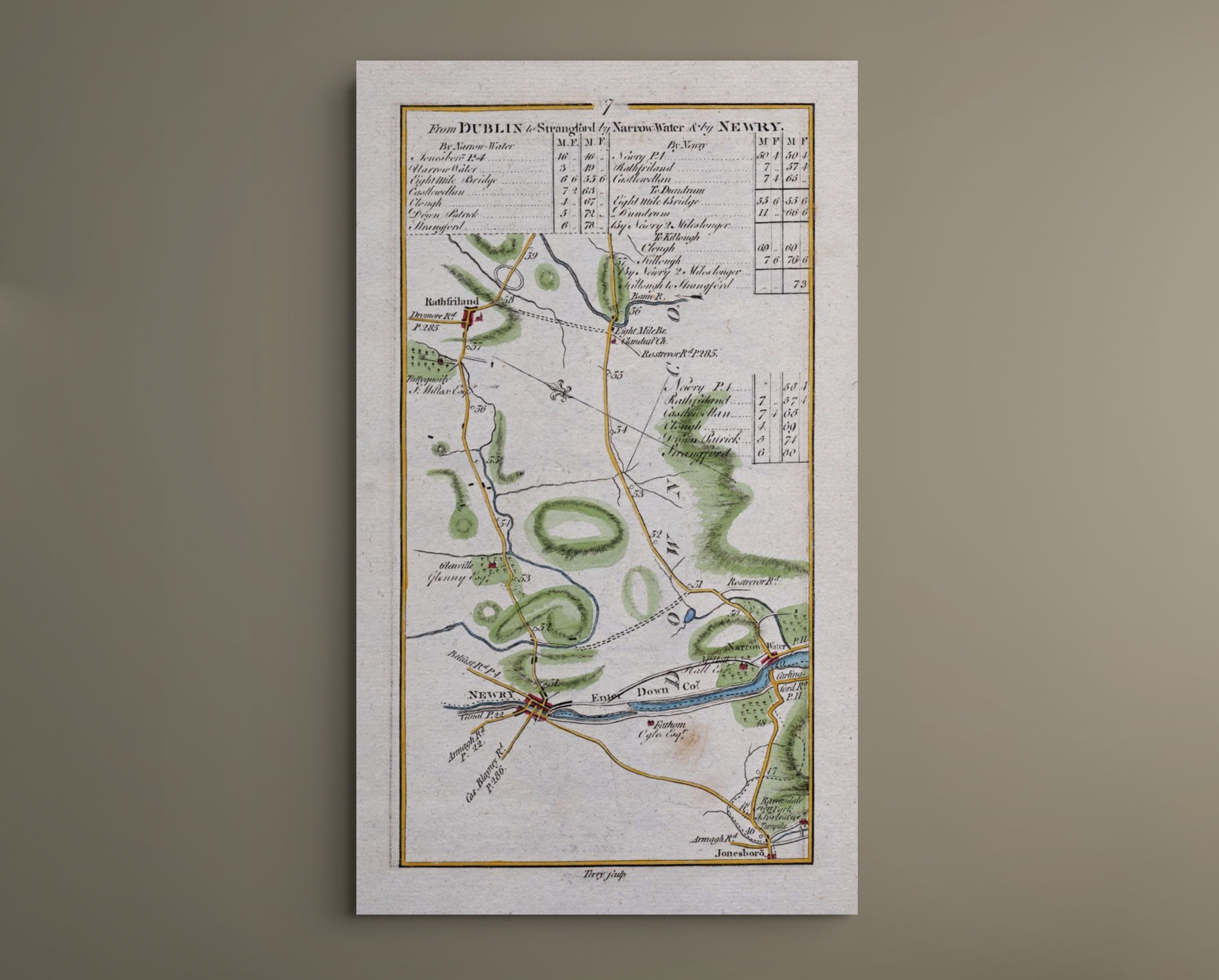 Complete 1783 Taylor & Skinner Newry, Rathfriland, Narrow Water and Jonesborough Ireland road map displayed against a plain neutral wall.