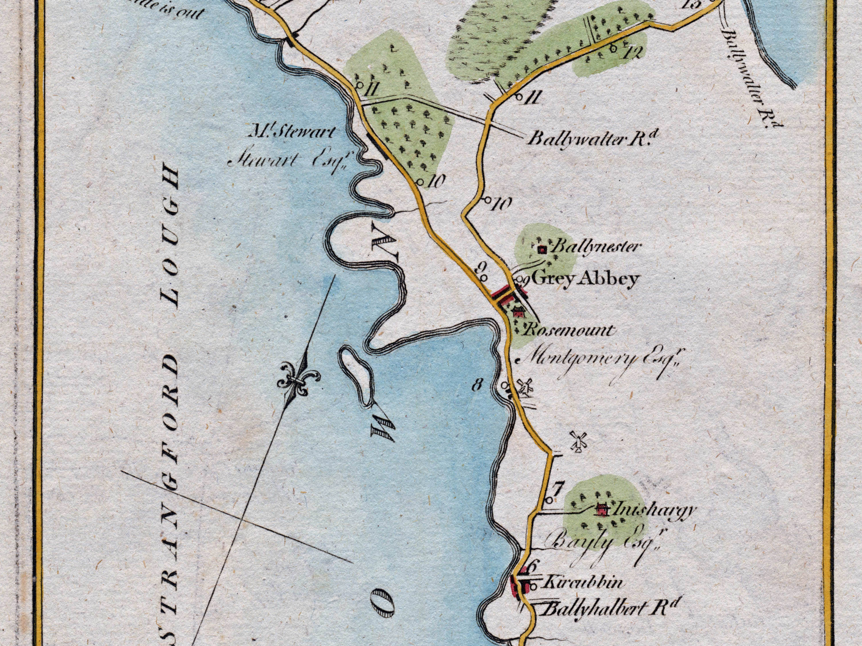 Close-up of the 1783 Taylor & Skinner Ireland road map showing Greyabbey, Kircubbin, Mount Stewart and the shore of Strangford Lough.