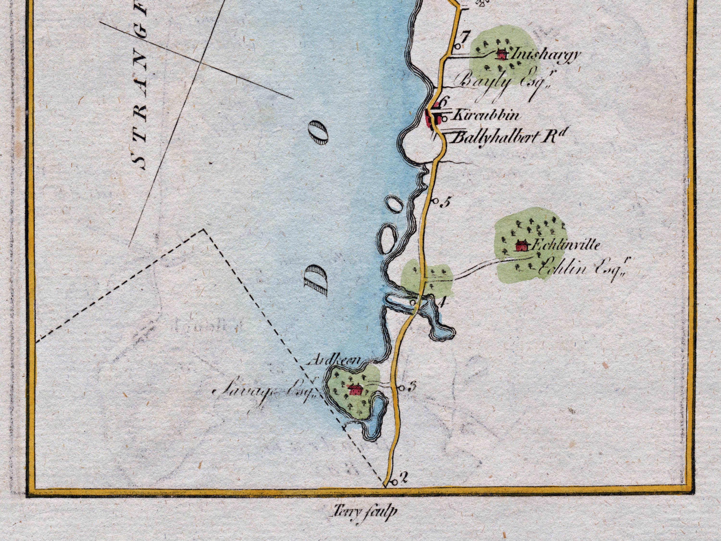 Close-up of the 1783 Taylor & Skinner Ireland road map showing Kircubbin, Inishargy, Echlinville, Ardkeen and the southern shoreline of Strangford Lough.