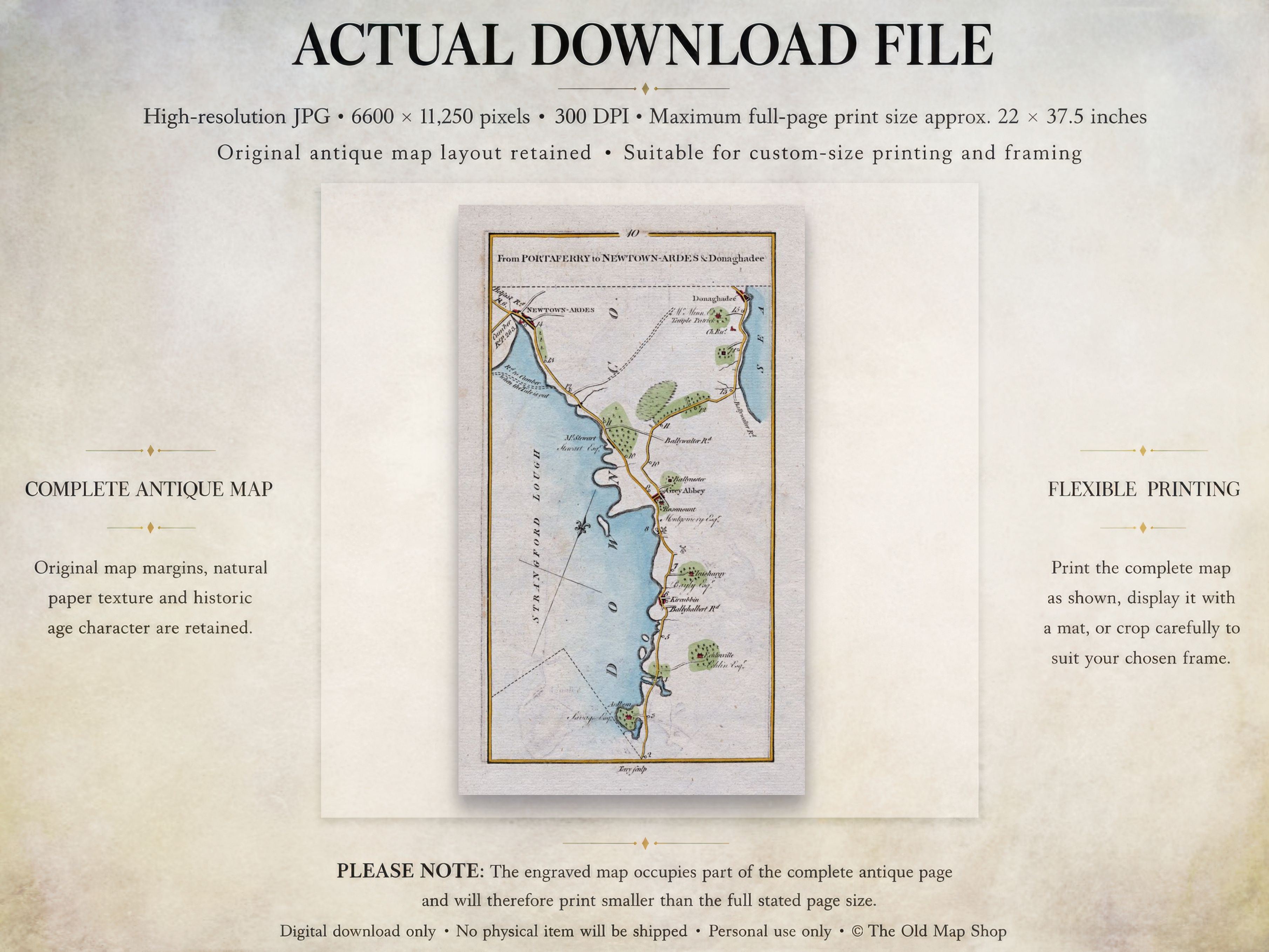 Digital download guide for the 1783 Newtownards, Donaghadee, Greyabbey and Kircubbin Ireland road map showing JPG dimensions and printing information.