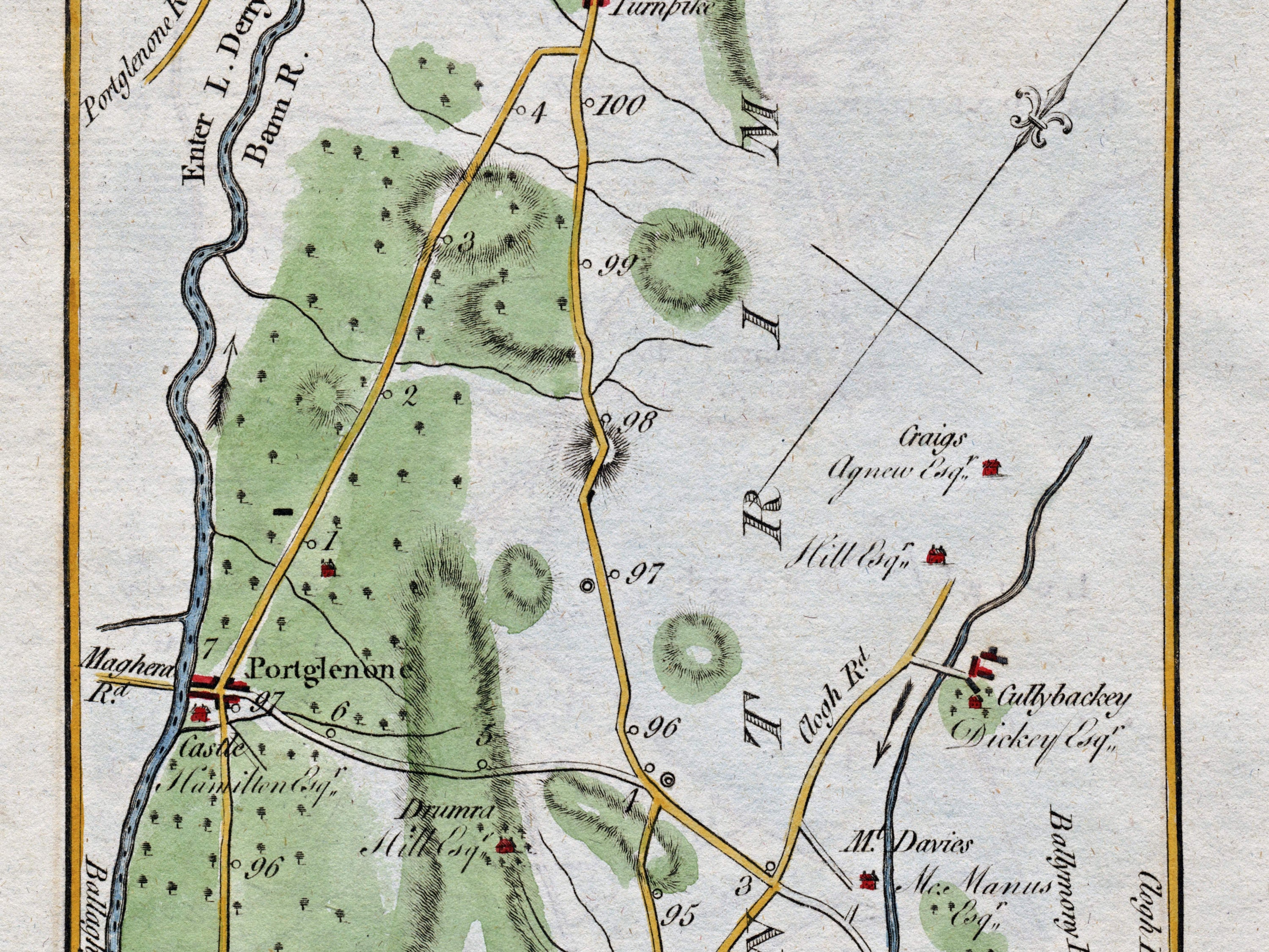 Close-up of the 1783 Taylor & Skinner Ireland road map showing Portglenone, Ahoghill, Cullybackey and the surrounding County Antrim road network.