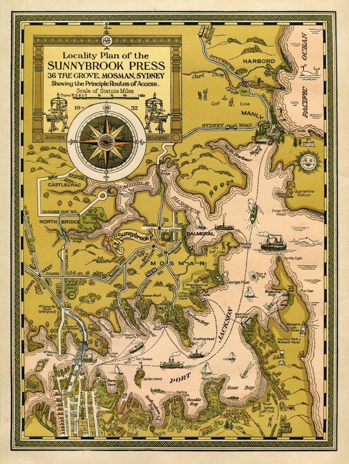 1932 Sydney Pictorial Map, James Emery, Locality Plan of Sunnybrook Press 2
