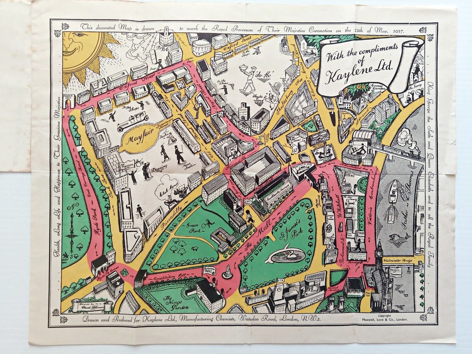 1937 Coronation Route King George 6th London Pictorial Map by Claude Atkinson