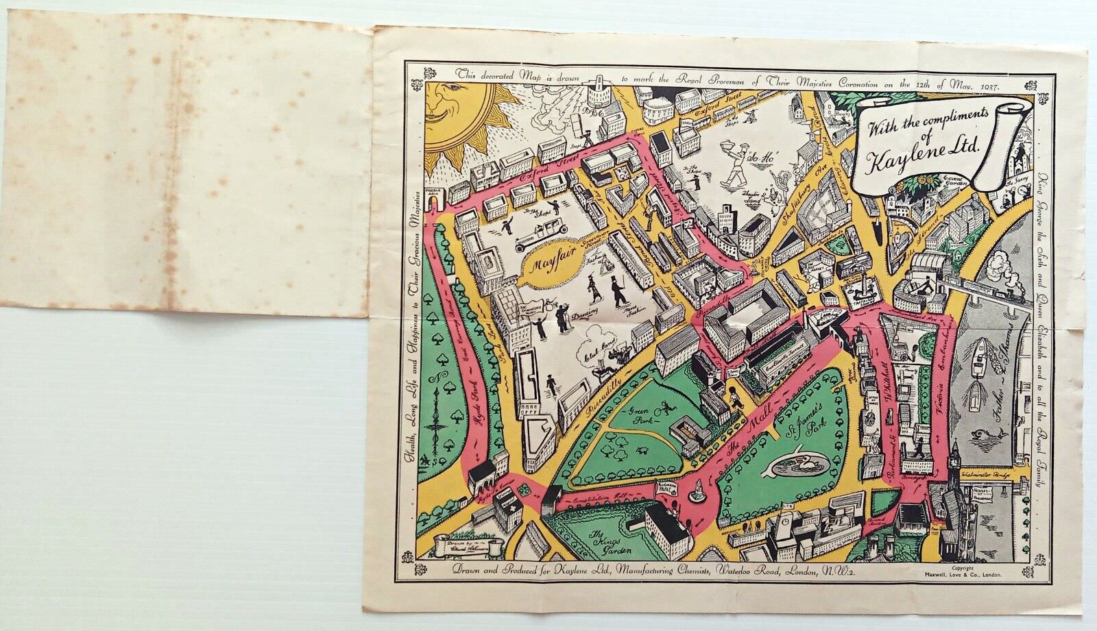 1937 Coronation Route King George 6th London Pictorial Map by Claude Atkinson 1