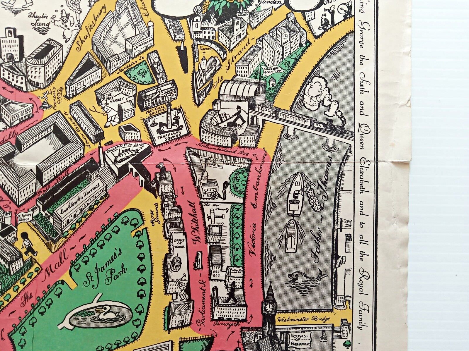 1937 Coronation Route King George 6th London Pictorial Map by Claude Atkinson 2