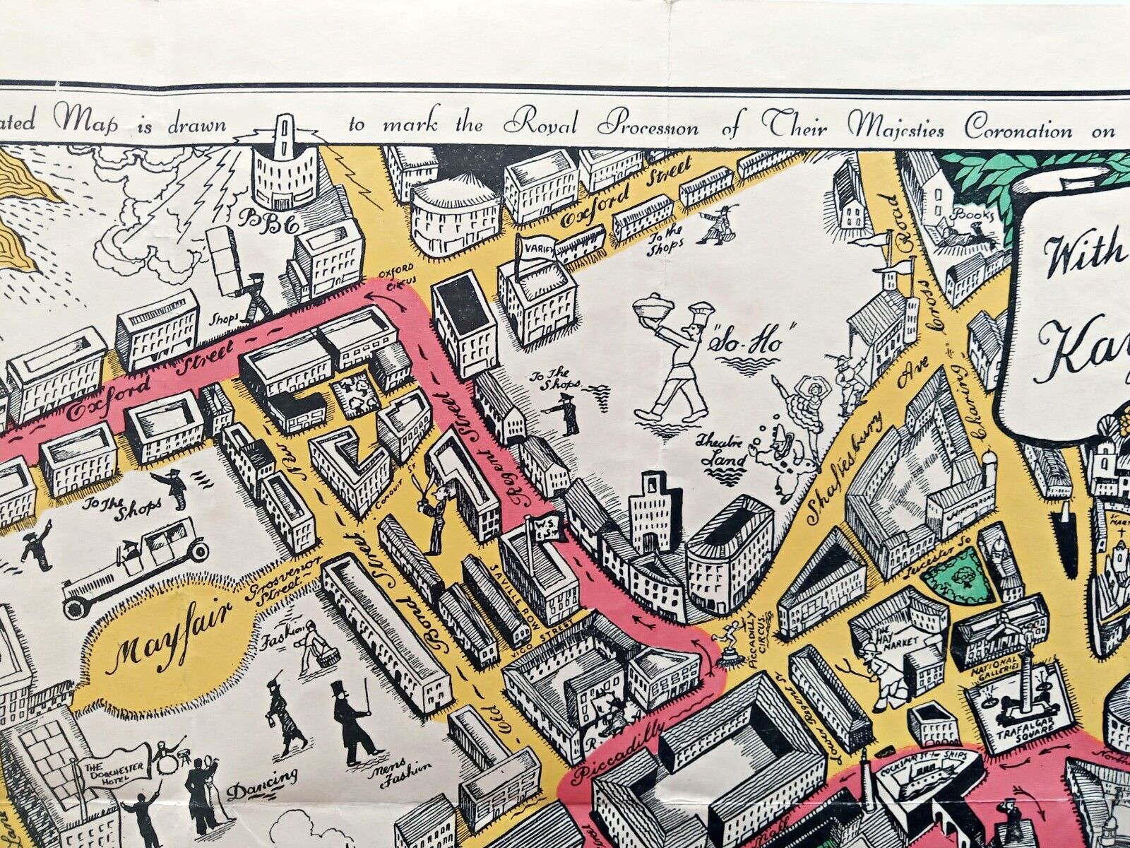 1937 Coronation Route King George 6th London Pictorial Map by Claude Atkinson 4