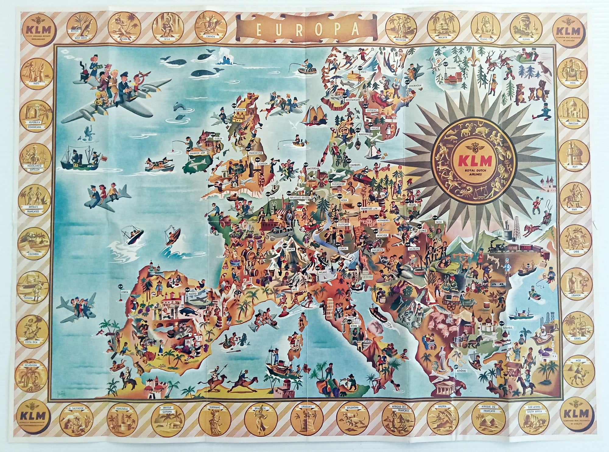 1952 Europa Pictorial Map of Europe by Joop Geesink KLM Royal Dutch Ai