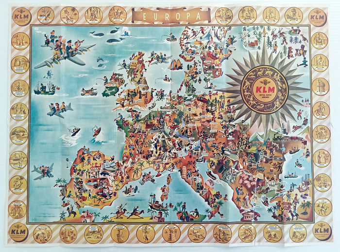 1952 Europa Pictorial Map of Europe by Joop Geesink KLM Royal Dutch Airlines