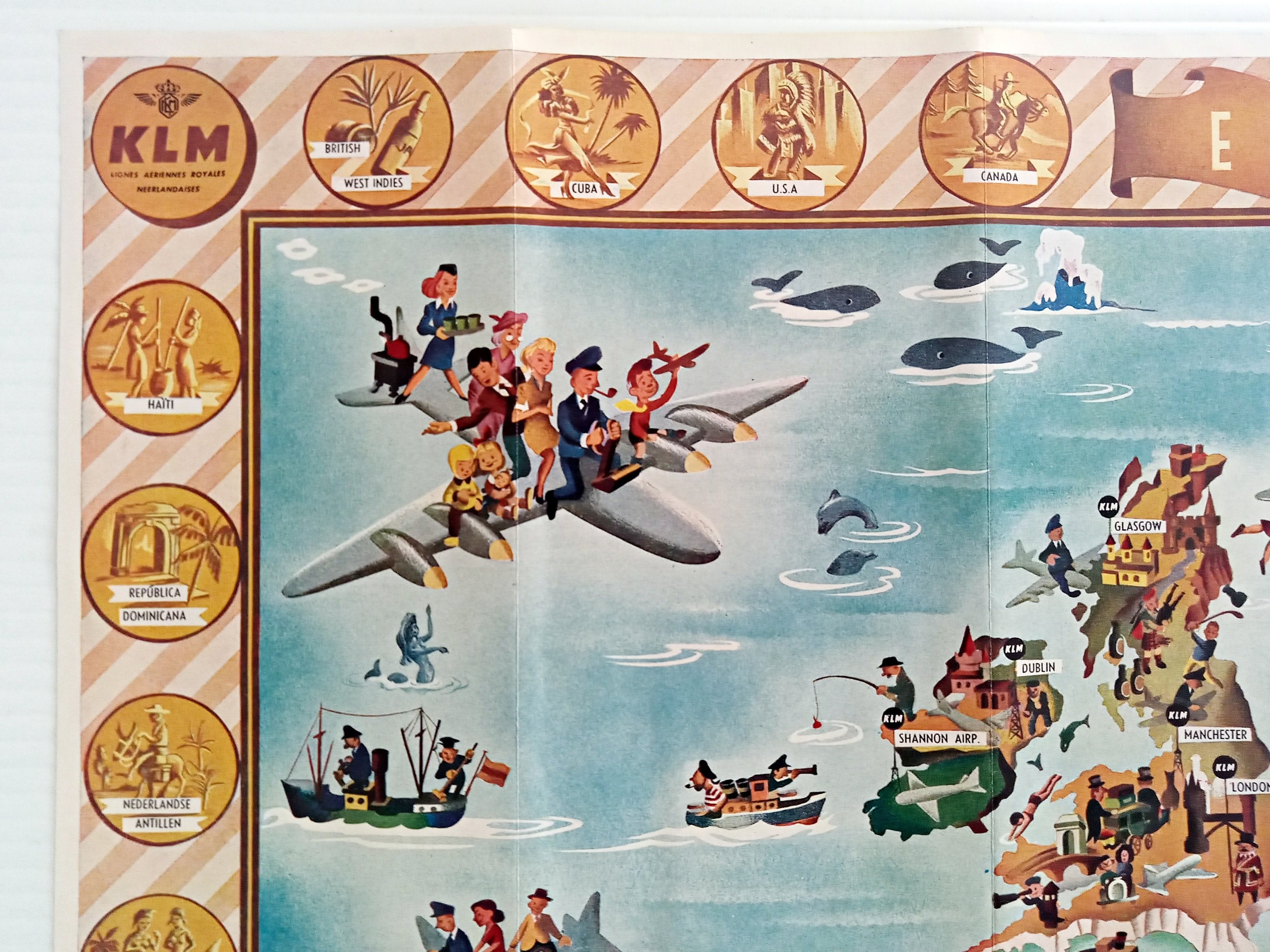 1952 Europa Pictorial Map of Europe by Joop Geesink KLM Royal Dutch Airlines 1