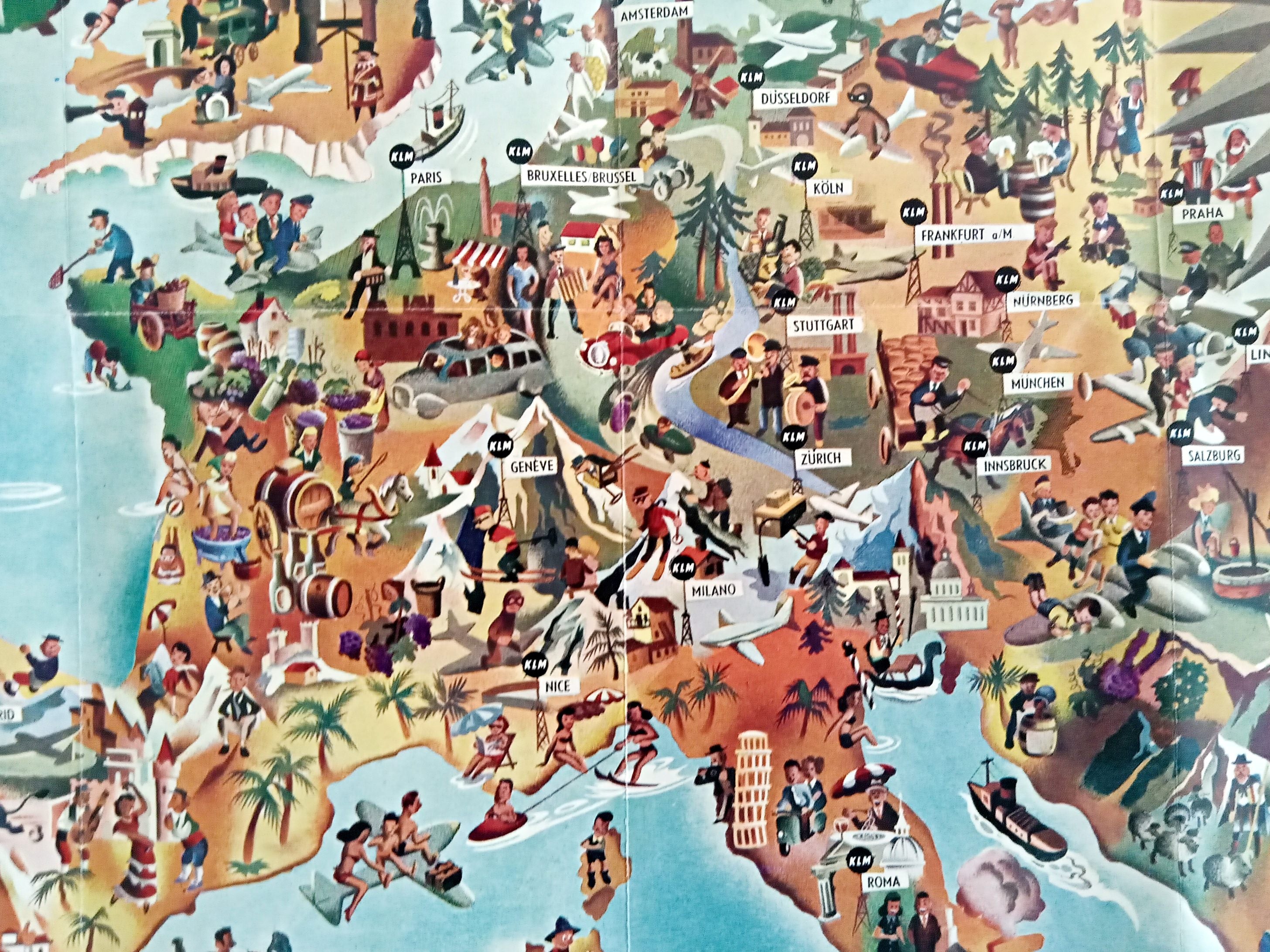 1952 Europa Pictorial Map of Europe by Joop Geesink KLM Royal Dutch Airlines 7