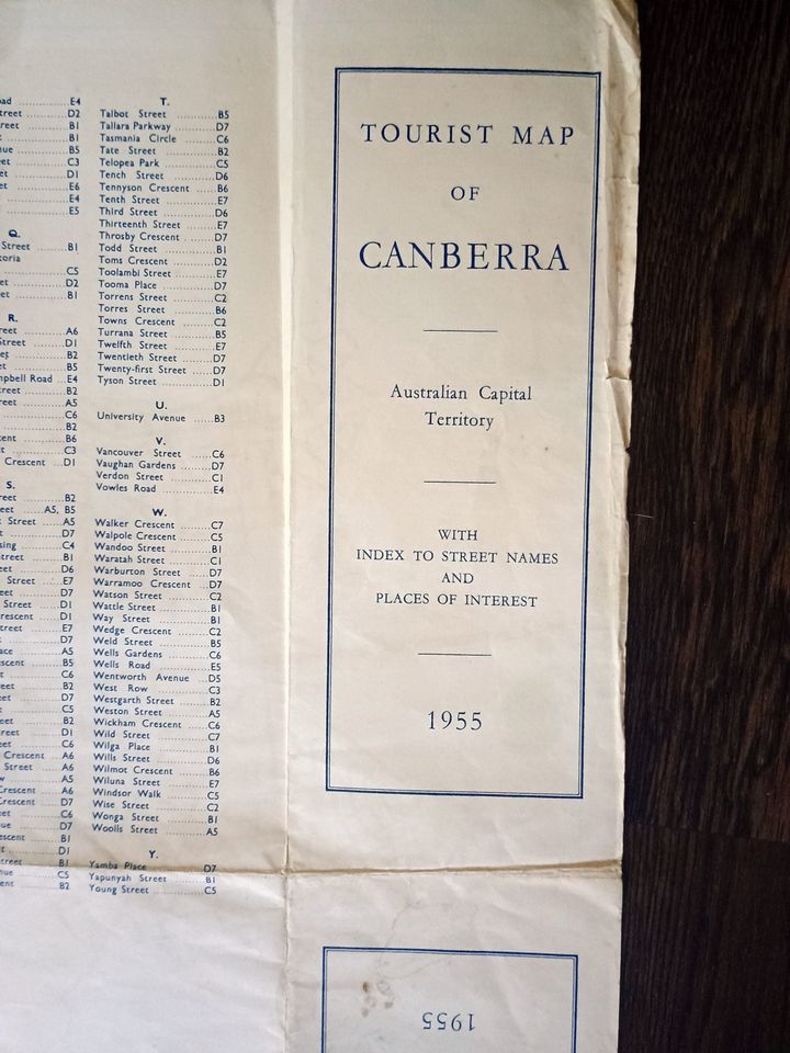 1955 Tourist Map of Canberra, City Plan, Australian Capital Territory, ACT, Australia