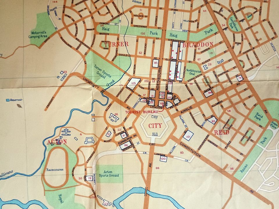 1955 Tourist Map of Canberra, City Plan, Australian Capital Territory, ACT, Australia