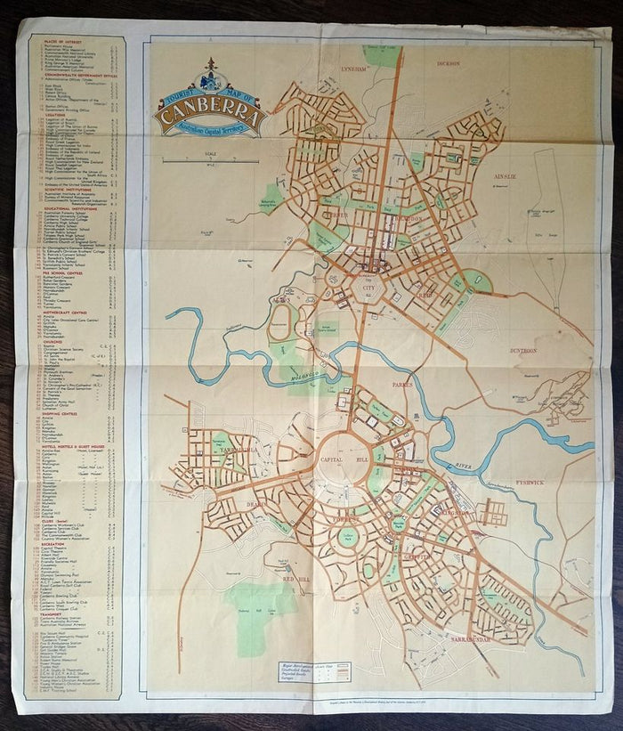 1955 Tourist Map of Canberra, City Plan, Australian Capital Territory, ACT, Australia