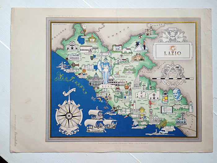 1951 Lazio Italy Pictorial Map De Agostini