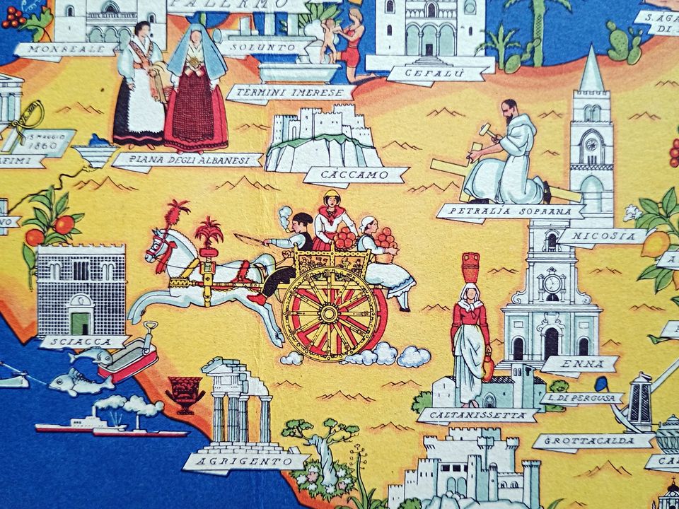 1951 Sicilia, Sicily Italy Pictorial Map De Agostini