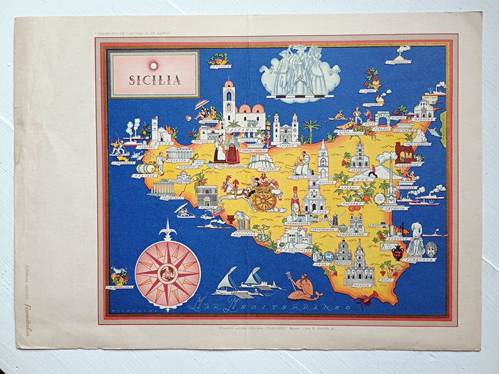 1951 Sicilia, Sicily Italy Pictorial Map De Agostini