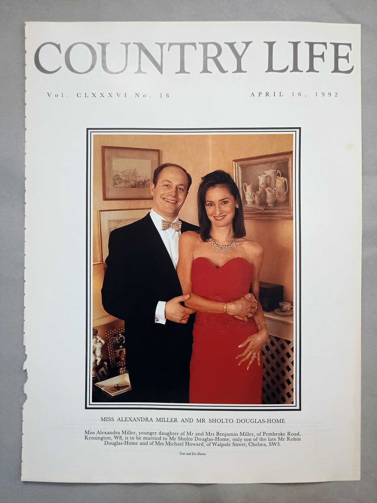 Miss Alexandra Miller and Mr Sholto Douglas-Home Country Life Magazine Portrait April 16, 1992 Vol. CLXXXVI No. 16