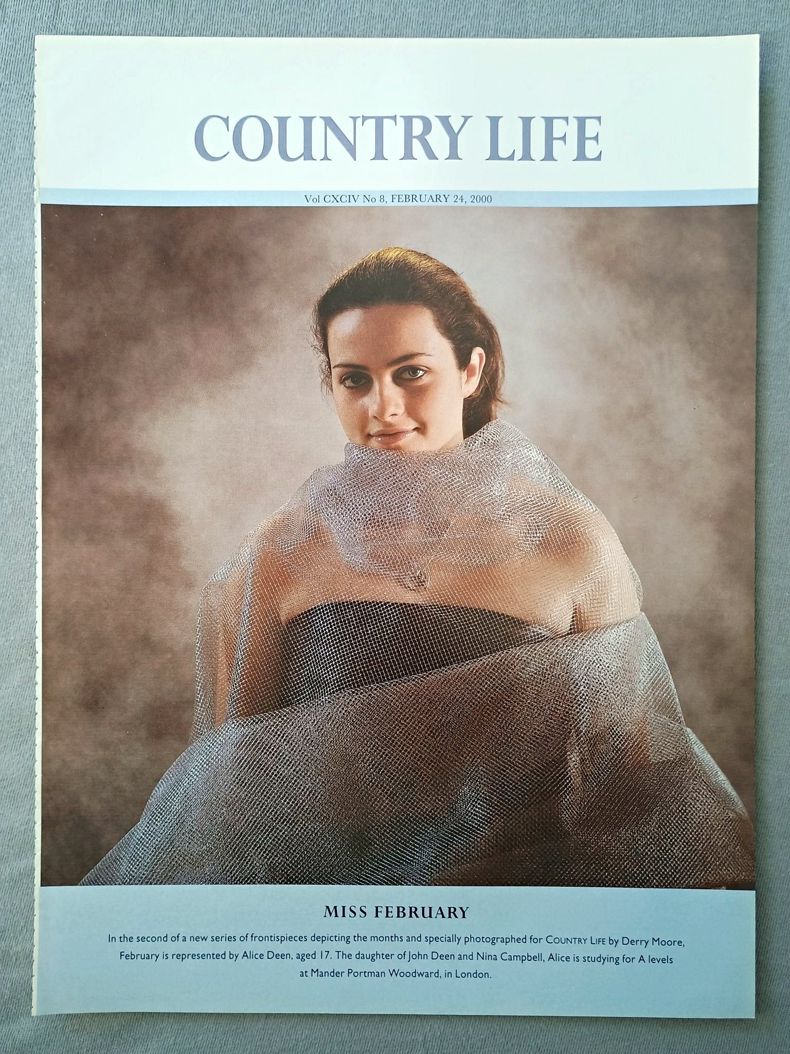 Miss Alice Deen - Miss February, In the second of a new series of frontispieces depicting the months and specially photographed for COUNTRY LIFE by Derry Moore, February is represented by Alice Deen, aged 17. The daughter of John Deen and Nina Campbell, Alice is studying for A levels at Mander Portman Woodward, in London