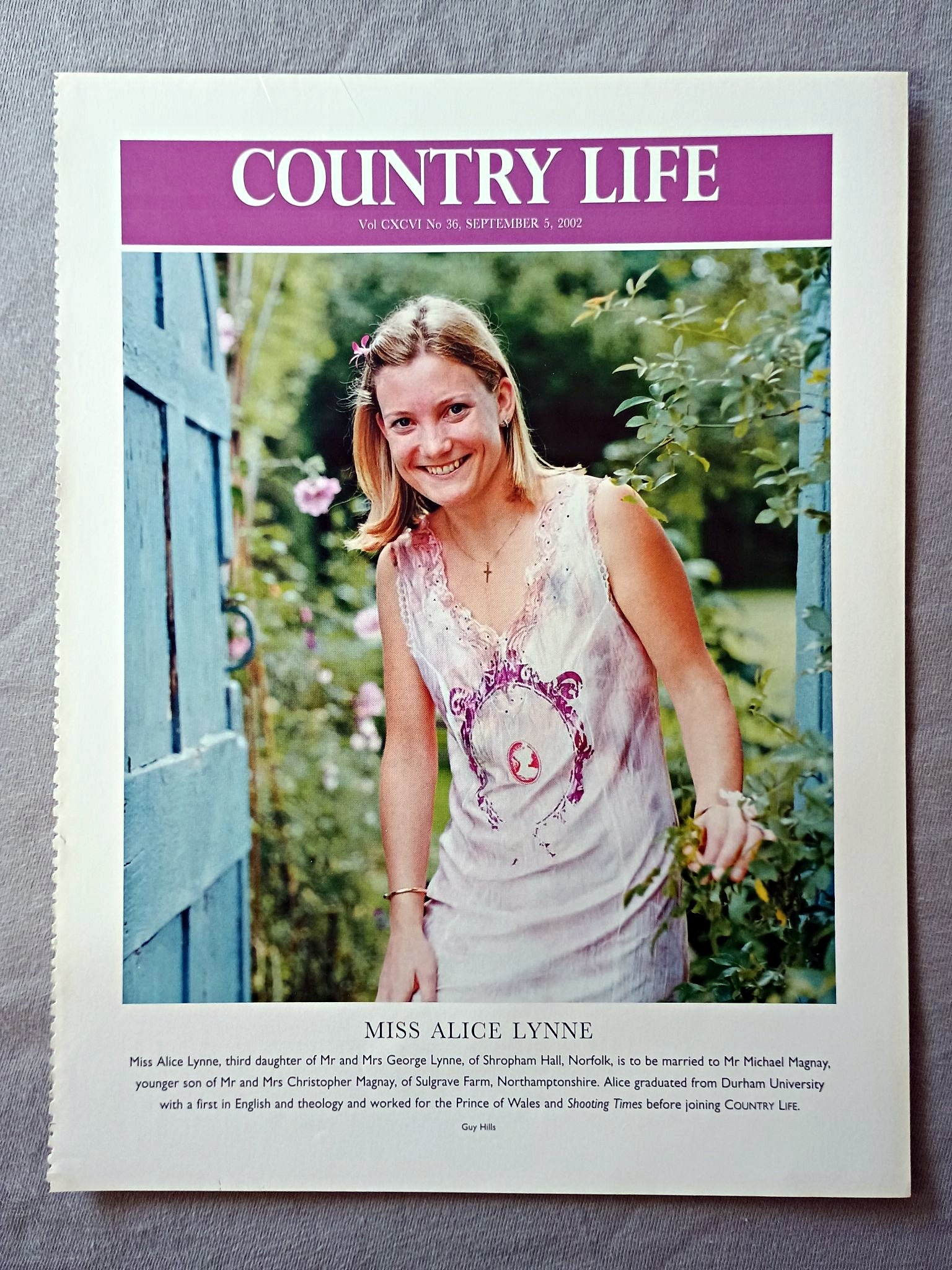 Miss Alice Lynne, third daughter of Mr and Mrs George Lynne, of Shropham Hall, Norfolk, is to be married to Mr Michael Magnay, younger son of Mr and Mrs Christopher Magnay, of Sulgrave Farm, Northamptonshire. Alice graduated from Durham University with a first in English and theology and worked for the Prince of Wales and Shooting Times before joining COUNTRY LIFE.Miss Lucy Fleming - Lucy, aged 26, is the elder daughter of Mr and Mrs Christopher Fleming, of Newbury, Berkshire. After spending three years wor