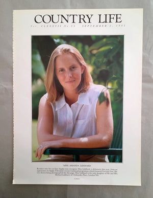 Amanda Liddiard Country Life Magazine Portrait September 2, 1993. CLXXXVII No. 35.

Miss Amanda Liddiard - Readers who live in East Anglia may recognise Miss Liddiard, a debutante this year, from an appearance on Anglia Television's recent Countrywide programme which featured COUNTRY LIFE. She was shown being photographed for this page. Miss Liddiard is the only daughter of Mr and Mrs Michael Liddiard, of 5 Edwardes Place, London W8