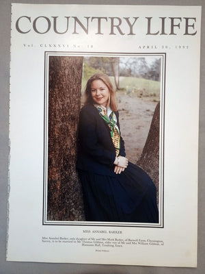 Annabel Barker Country Life Magazine Portrait April 30, 1992 Vol. CLXXXVI No. 18.

Miss Annabel Barker, only daughter of Mr and Mrs Mark Barker, of Barwell Farm, Chessington, Surrey, is to be be married to Mr Thomas Gibbon, elder son of Mr and Mrs William Gibbon, of Hannams Hall, Tendring, Essex.