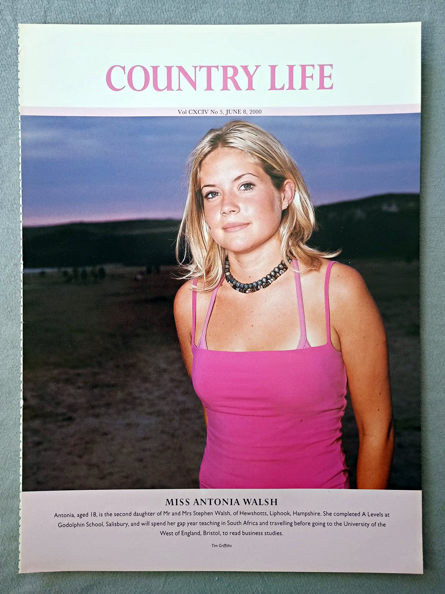 Miss Antonia Walsh, aged 18, is the second daughter of Mr and Mrs Stephen Walsh, of Hewshotts, Liphook, Hampshire. She completed A Levels at Godolphin School, Salisbury, and will spend her gap year teaching in South Africa and travelling before going to the University of the West of England, Bristol, to read business studies