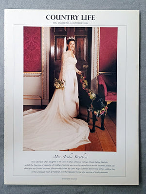 Mrs Archie Struthers - Miss Sabina de Chair, daughter of Mr Colin de Chair, of Grove Cottage, Wood Dalling, Norfolk, and of the Countess of Leicester, of Holkham, Norfolk, was recently married to Mr Archie Struthers, eldest son of Mr and Mrs Charles Struthers, of Ardmaddy Castle, by Oban, Argyll. Sabina is shown here on her wedding day, in the Landscape Room at Holkham, with her labrador Himba, who was one of the bridesmaids.