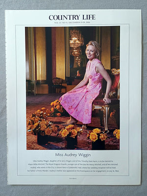 Miss Audrey Wiggin, daughter of Sir Jerry Wiggin, and of Mrs Timothy Dale Harris, is to be married to Major Miles Mitchell, The Royal Dragoon Guards, younger son of the late Mr Henry Mitchell, and of Mrs Mitchell. Audrey, who works in the City, is shown here in Goldsmiths' Hall, where her wedding reception will be held: her father is Prime Warden. Audrey's mother also appeared on the Frontispiece on her engagement, on July 16, 1964.