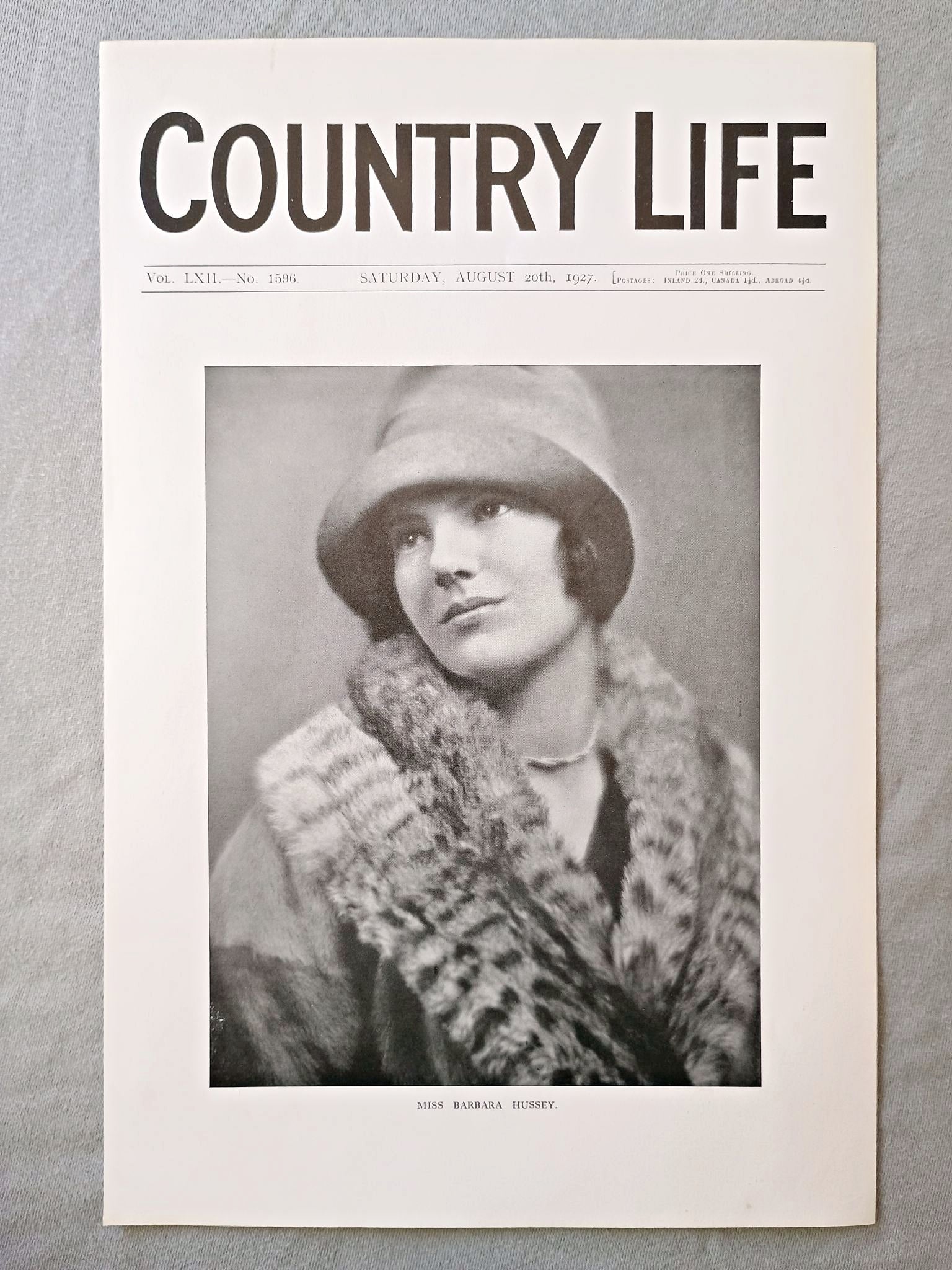 Miss Barbara Hussey Country Life Magazine Portrait, Frontispiece, August 20 1927. LXII No. 1596

The featured frontispiece this week is a portrait of Miss Barbara Hussey, only daughter of Major William Clive Hussey