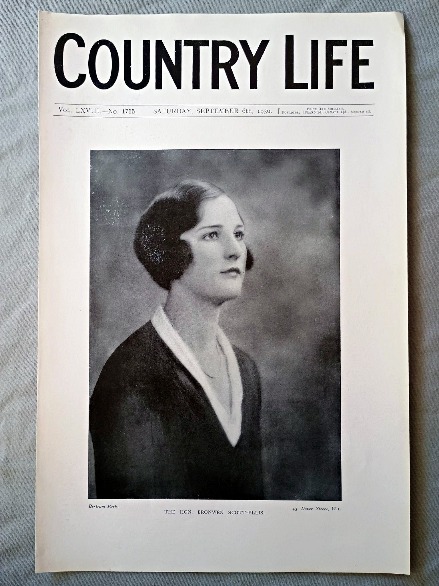 The Hon. Bronwen Scott-Ellis Country Life Magazine Portrait, Frontispiece, September 6 1930. LXVIII No. 1755

Our frontispiece this week is a portrait of the Hon. Bronwen Scott-Ellis, who is the eldest daughter of Lord and Lady Howard de Walden.