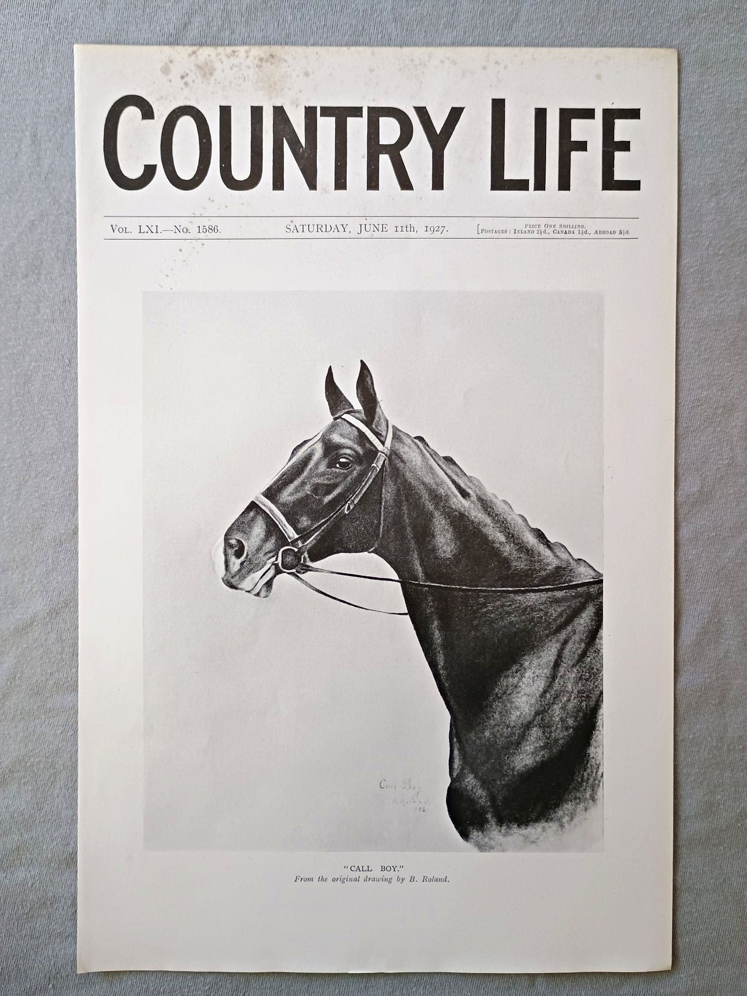 Call Boy, Epsom Derby Winner Country Life Magazine Portrait, Frontispiece, June 11 1927. LXI No. 1586

The featured frontispiece this week is a portrait of "CALL BΟΥ." - From the original drawing by B. Roland