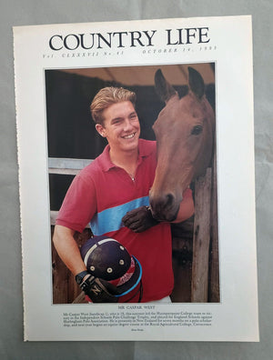 Caspar West Country Life Magazine Portrait October 14, 1993. CLXXXVII No. 41.

Mr Caspar West (handicap 1), who is 18, this summer led the Hurstpierpoint College team to vic-tory in the Independent Schools Polo Challenge Trophy, and played for England Schools against Hurlingham Polo Association. He is presently in New Zealand for seven months on a polo scholar-ship, and next year begins an equine degree course at the Royal Agricultural College, Cirencester.
