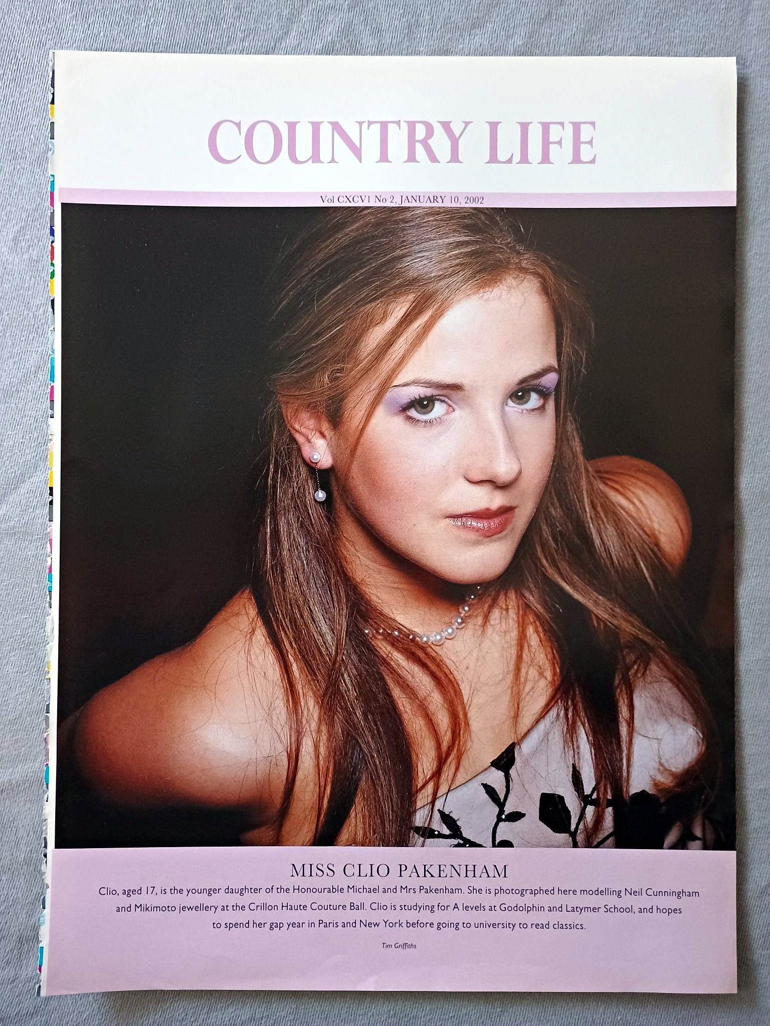 Miss Clio Pakenham - Clio, aged 17, is the younger daughter of the Honourable Michael and Mrs Pakenham. She is photographed here modelling Neil Cunningham and Mikimoto jewellery at the Crillon Haute Couture Ball. Clio is studying for A levels at Godolphin and Latymer School, and hopes to spend her gap year in Paris and New York before going to university to read classics