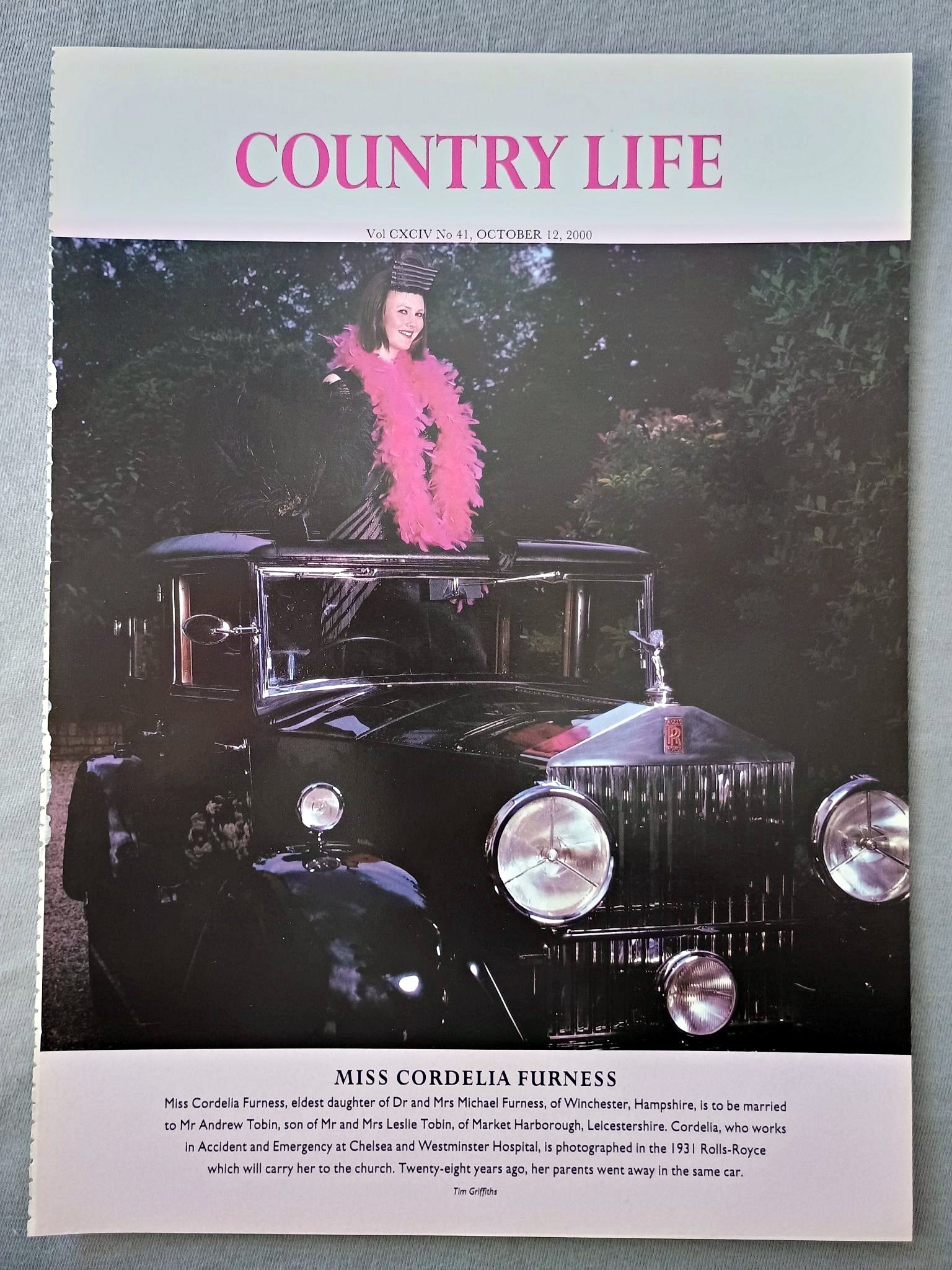Miss Cordella Furness, eldest daughter of Dr and Mrs Michael Furness, of Winchester, Hampshire, is to be married to Mr Andrew Tobin, son of Mr and Mrs Leslie Tobin, of Market Harborough, Leicestershire. Cordelia, who works In Accident and Emergency at Chelsea and Westminster Hospital, is photographed in the 1931 Rolls-Royce which will carry her to the church. Twenty-eight years ago, her parents went away in the same car