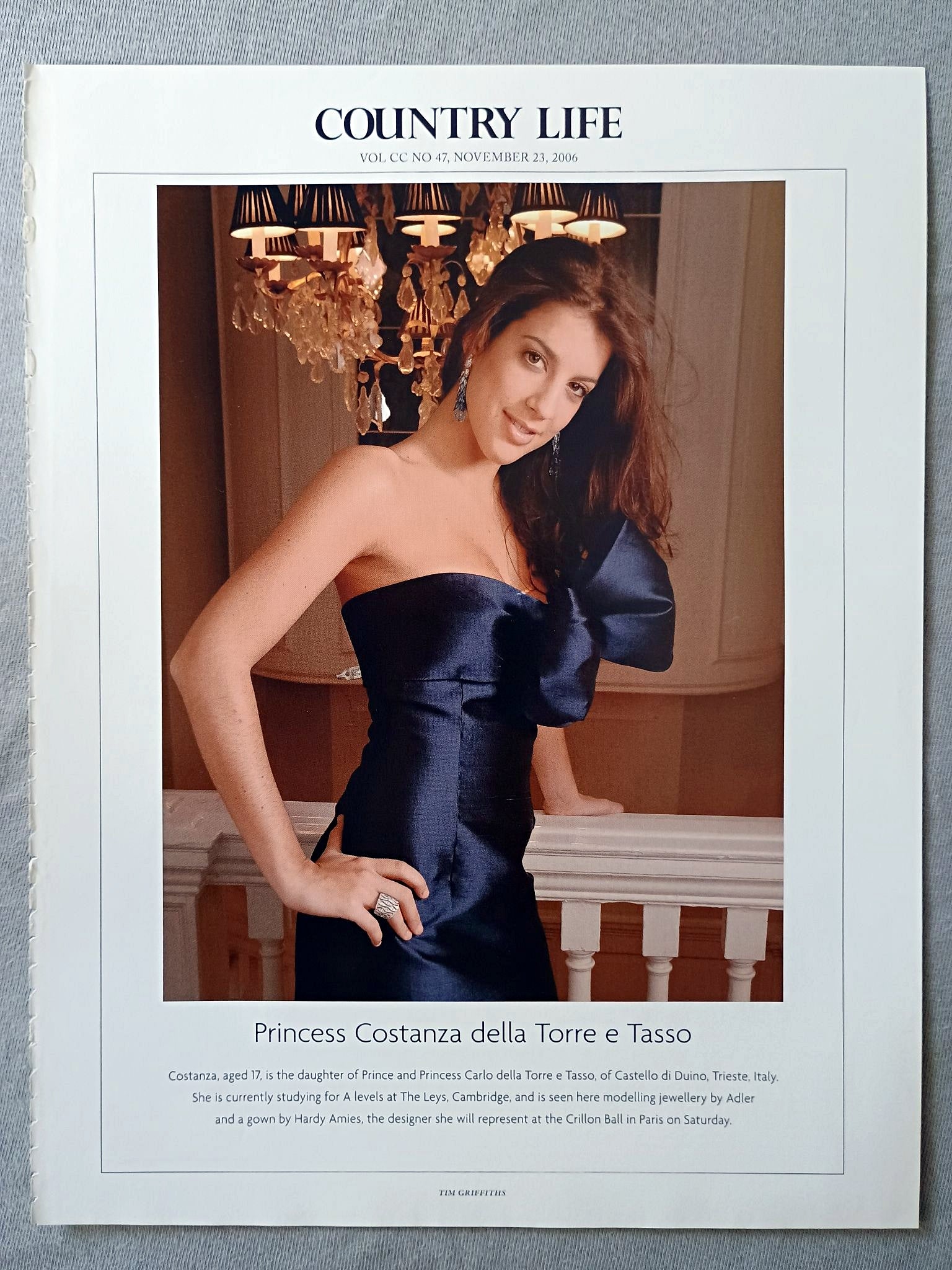 Princess Costanza della Torre e Tasso - Costanza, aged 17, is the daughter of Prince and Princess Carlo della Torre e Tasso, of Castello di Duino, Trieste, Italy. She is currently studying for A levels at The Leys, Cambridge, and is seen here modelling jewellery by Adler and a gown by Hardy Amies, the designer she will represent at the Crillon Ball in Paris on Saturday.