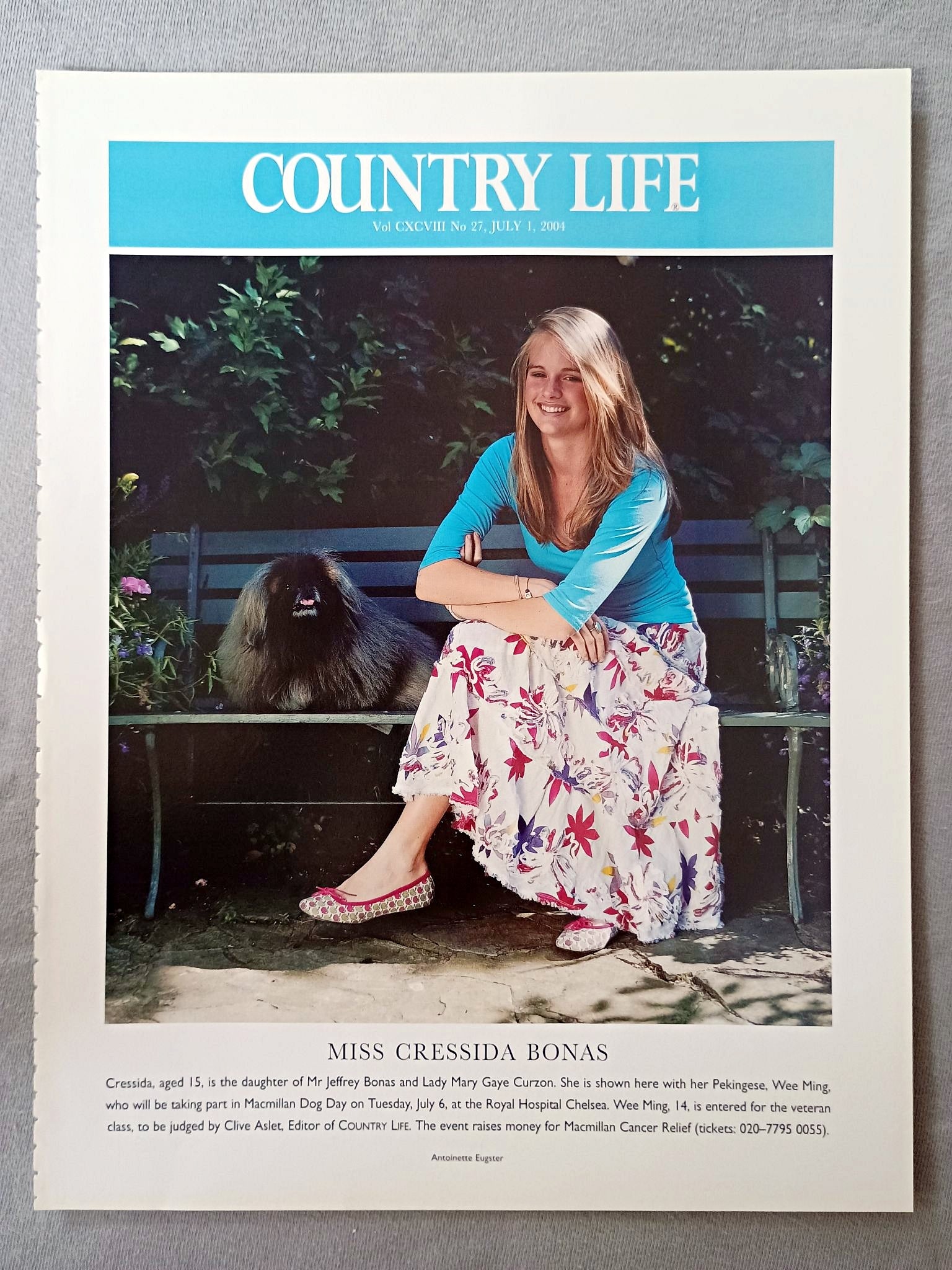 Miss Cressida Bonas - Cressida, aged 15, is the daughter of Mr Jeffrey Bonas and Lady Mary Gaye Curzon. She is shown here with her Pekingese, Wee Ming, who will be taking part in Macmillan Dog Day on Tuesday, July 6, at the Royal Hospital Chelsea. Wee Ming, 14, is entered for the veteran class, to be judged by Clive Aslet, Editor of COUNTRY LIFE.