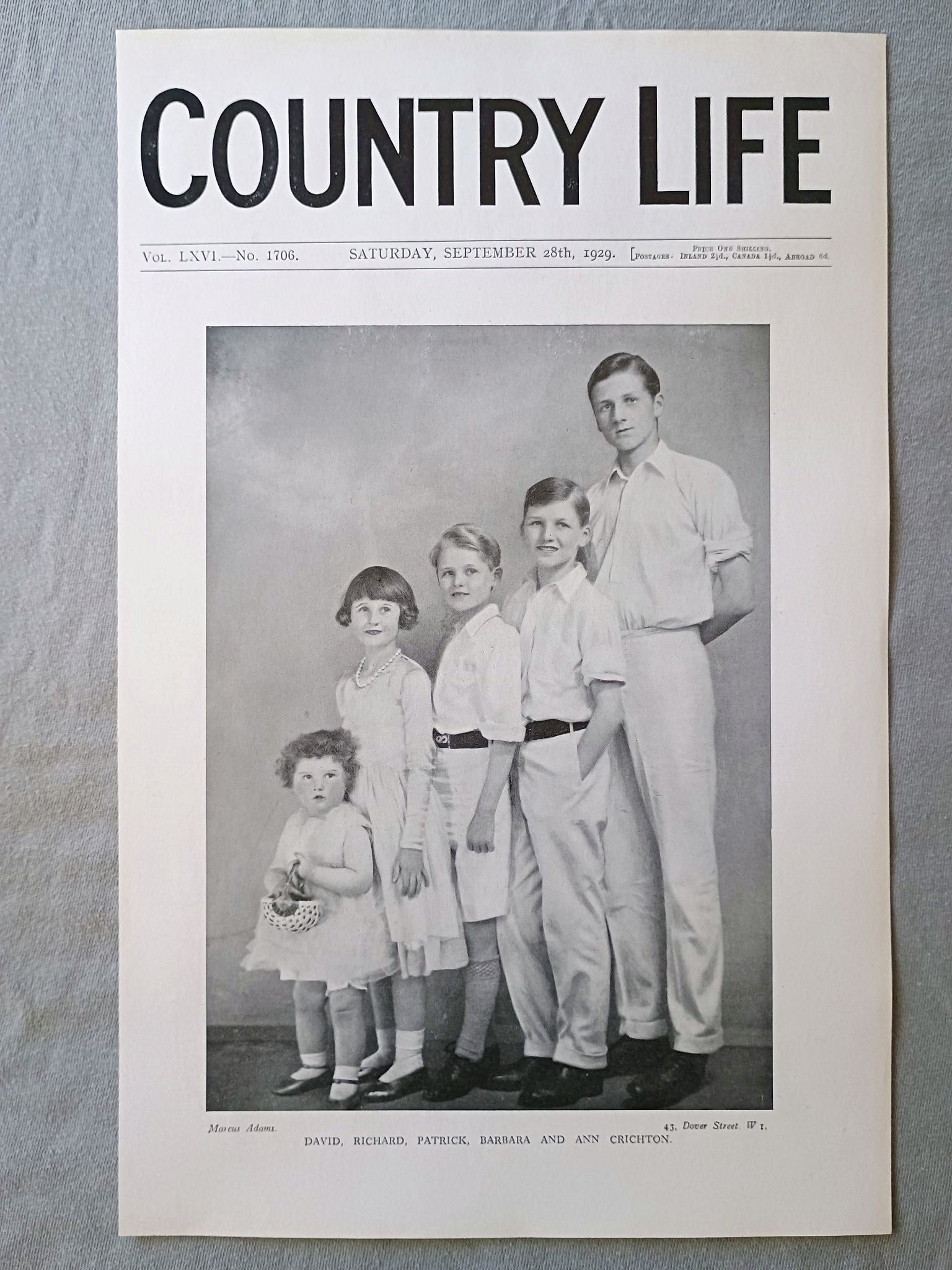 David, Richard, Patrick, Barbara and Ann Crichton Country Life Magazine Portrait, Frontispiece, September 28 1929. LXVI No. 1706

The featured frontispiece is a charming group of the five children of the Hon. Sir George and Lady Mary Crichton, David, Richard, Patrick, Barbara and Ann