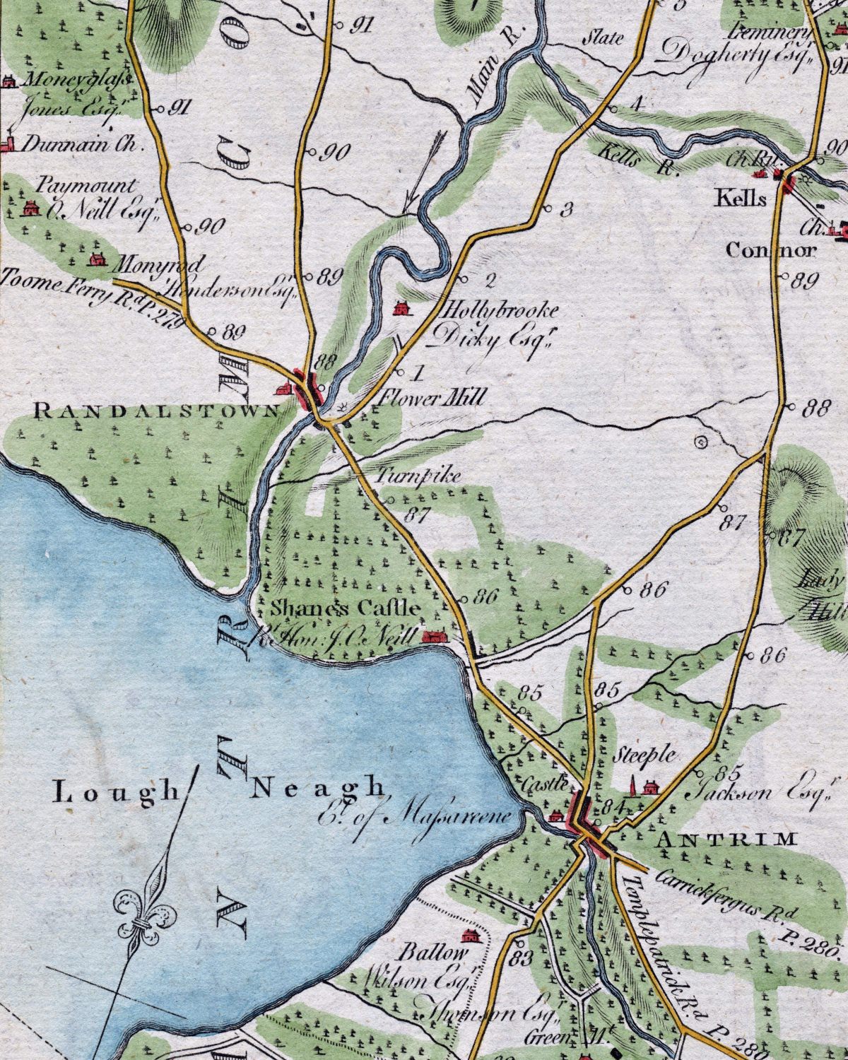 Hand-coloured antique Ireland road map by Taylor & Skinner showing Antrim and Randalstown – digital downloads from The Old Map Shop
