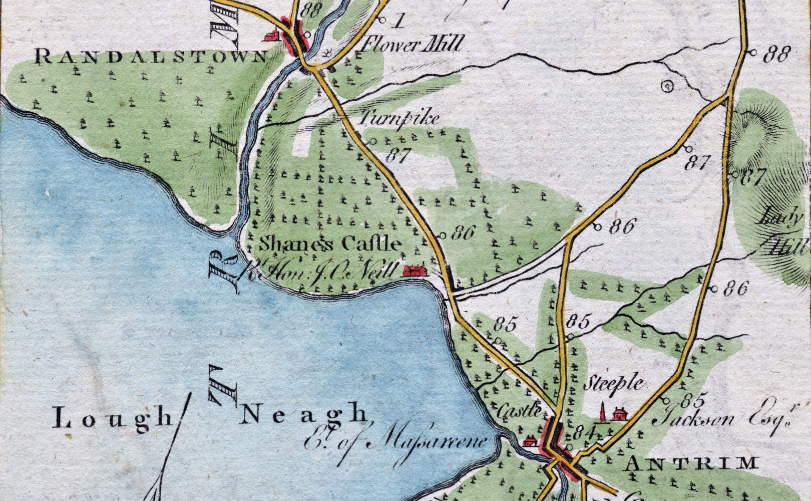 Hand-coloured antique Ireland road map by Taylor & Skinner showing Antrim and Randalstown – digital downloads from The Old Map Shop